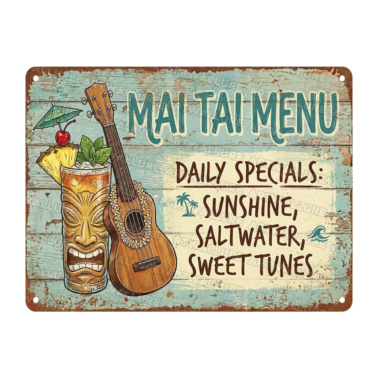 Retro Metal Sign Tropical Cocktail Party Tin Poster Mai Tai Menu Sunshine Saltwater Sweet Tunes for Pub Club Home Garden Patio Kitchen Decoration 12x16Inch