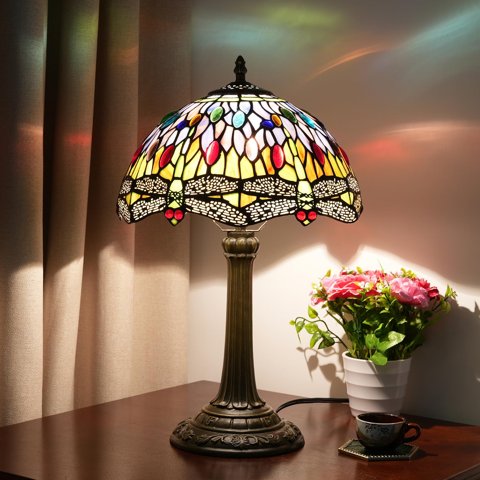 Blivuself Tiffany Table Lamp Yellow Dragonfly Style Stained Glass Lamp Bedside Reading Desk Light 12X12X19 Inches Bedroom Living Room Home Aesthetic Cute Decor