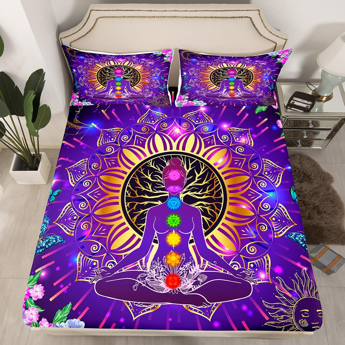 Manfei Yoga Chakra Kids Fitted Sheet King Size, Boho Mandala Sun Moon Bed Cover, Watercolor Floral Bedding Set for Boys Girls Bedroom Decor, Lightweight Bedding, 2 Pillowcases