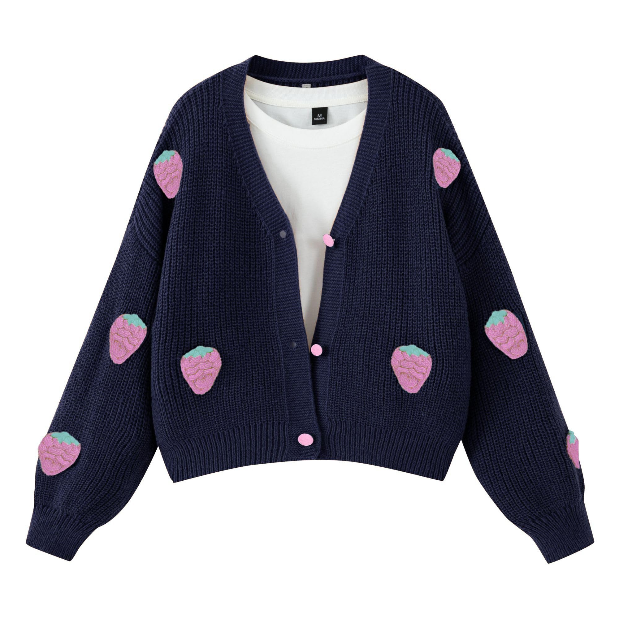 FindThy Women’s Kawaii Strawberry Embroidered Cardigan Long Sleeve V Neck Chunky Knitted Cardigans Tops