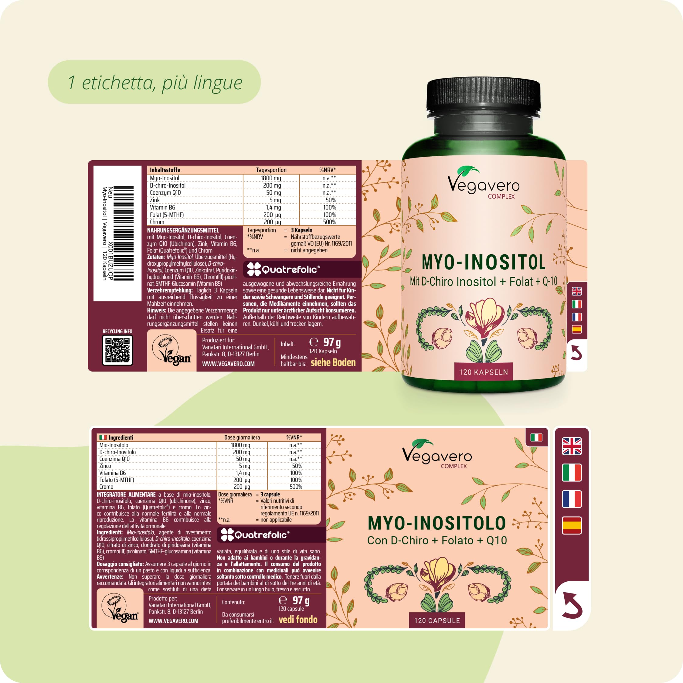 Vegavero Integratore INOSITOLO | Myo & D Chiro Inositol, Folato 5-MTHF, Cromo, Zinco e Vitamina B6 | PCOS e Ovaio Policistico | Certificato in Laboratorio