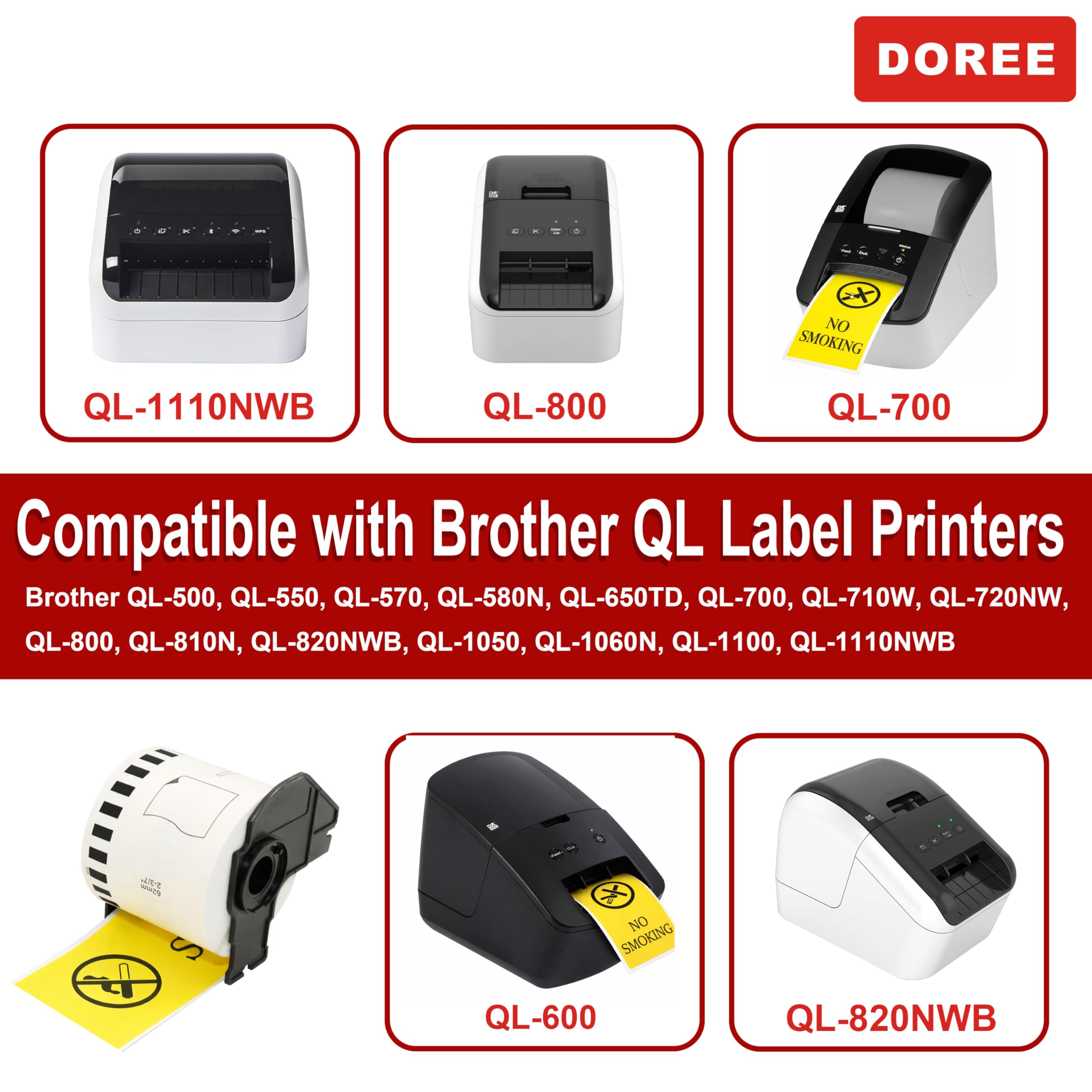 Doree 10 Rollen DK44605 62mm x 30,48m Endlosetiketten Brother QL kompatibel