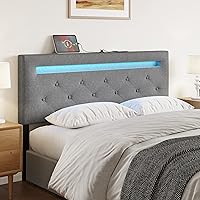 Vista 1 de HAUSOURCE Cabeceros para cama tamaño Queen con luz LED y poste USB, cabecera tapizada Queen con altura ajustable, cabecera acolchada de tela de lino