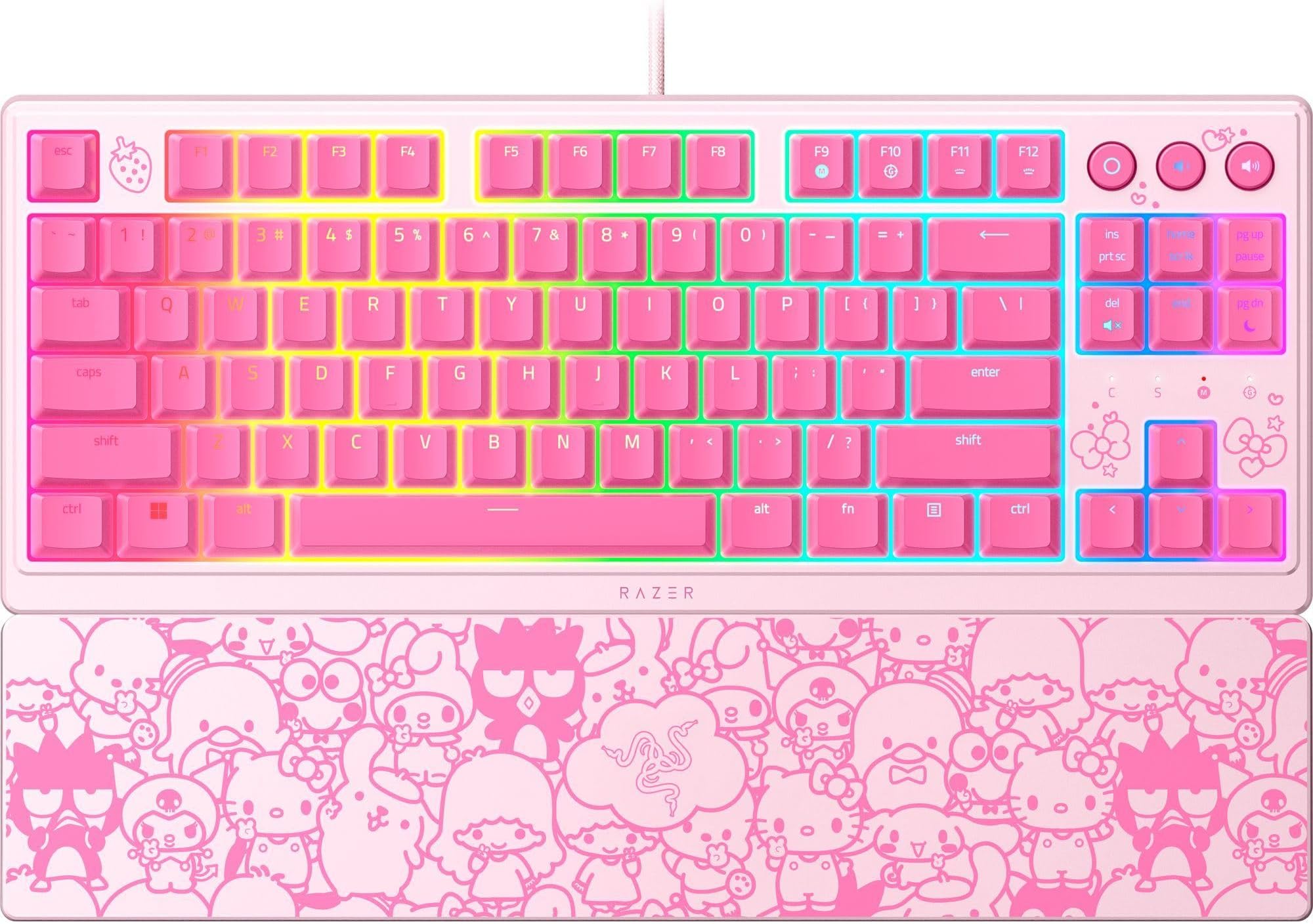 Razer Ornata V3 TKL Gaming Keyboard Low Profile Key Mechanism Membrane Switch UV Coated Key Cap Backlit Media Key 8 Zone RGB Lighting Magnetic Wrist Rest Hello Kitty & Friends Edition