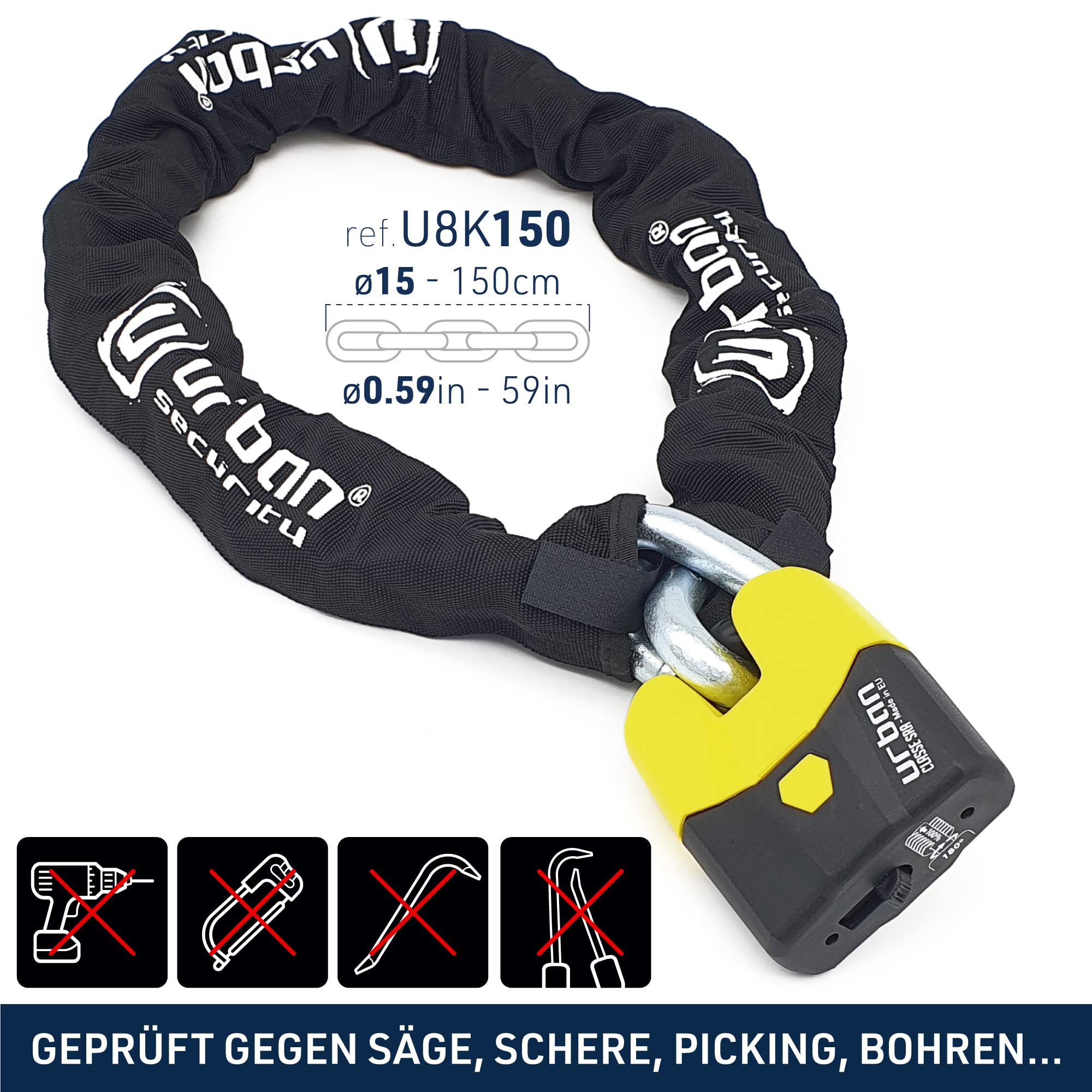 URBAN U8K150 Kettenschloss Motorrad Motorradschloss Vorhängeschloss und Kette, Sicherheit 20/20 mit Zulassung SRA, Gehärteter Stahl, Glieder 15mm Durchmesser, Sicherheitsschloss Motorrad, 150cm