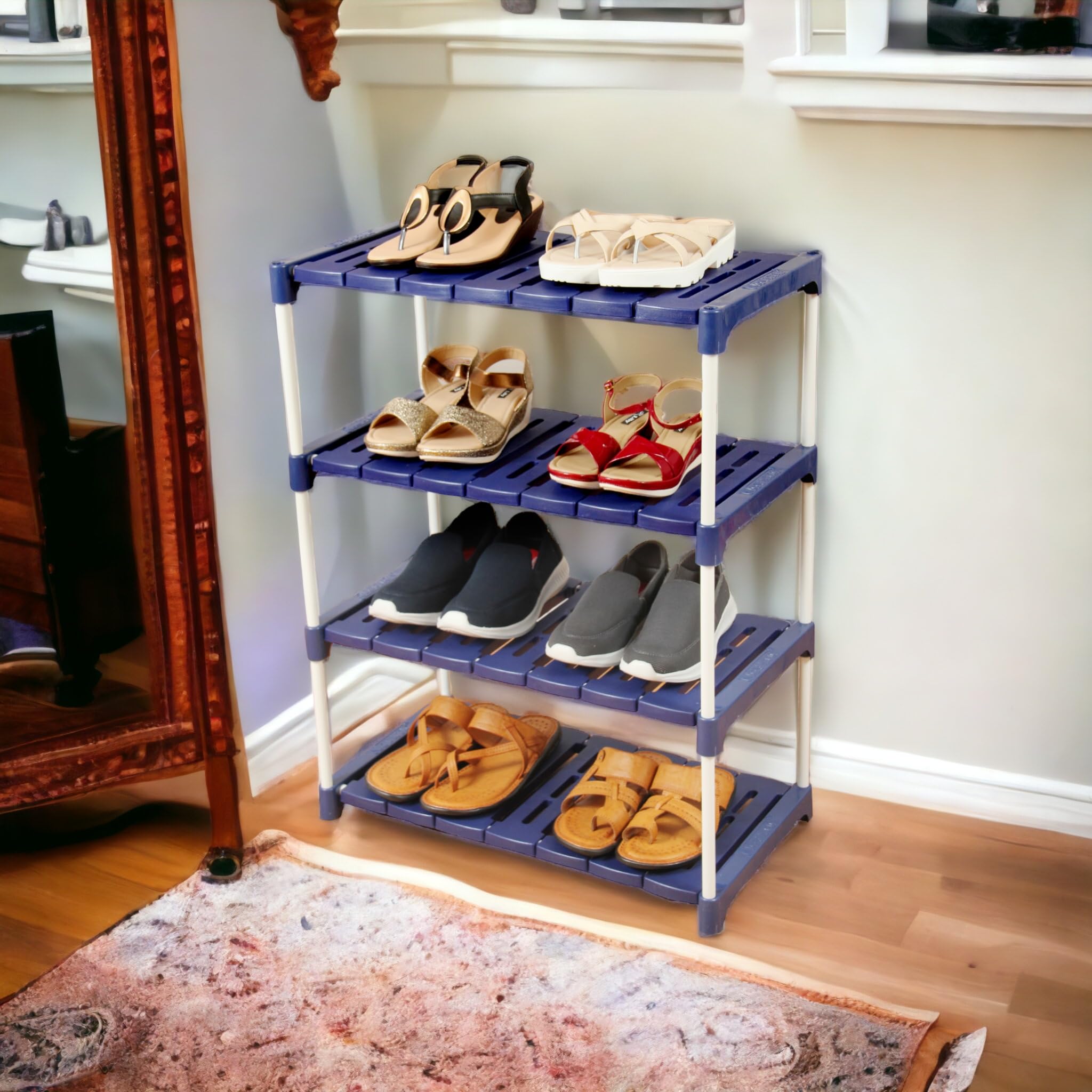 Novatic Multipurpose Plastic Shoe Rack, Foldable Wide Storage Rack for Books, Toys, Shoes Easy to Assemble 4 Shelves, 12 Pair Metal & Plastic Shoe Stand, Blue-picture-0