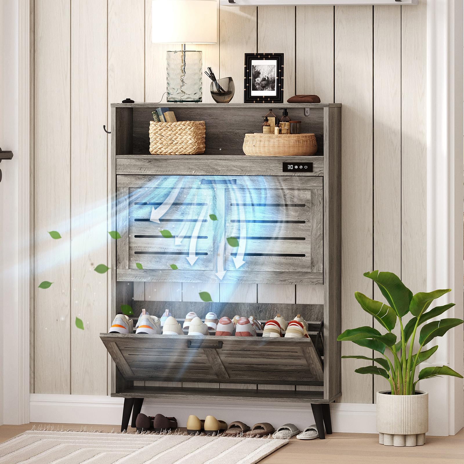 ChooChoo Shoe Storage Cabinet with 2 Flip Drawers, Deodorizing Shoe Cabinets Organizer with Open Storage, Freestanding Hidden Narrow Slim Shoe Rack Cabinet Space Saving for Entryway, Grey