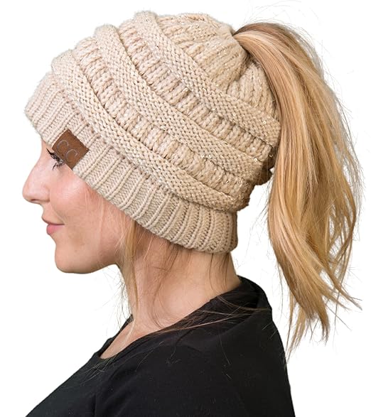 Funky Junque Ponytail Messy Bun BeanieTail Womens Beanie Solid Ribbed Hat Cap
