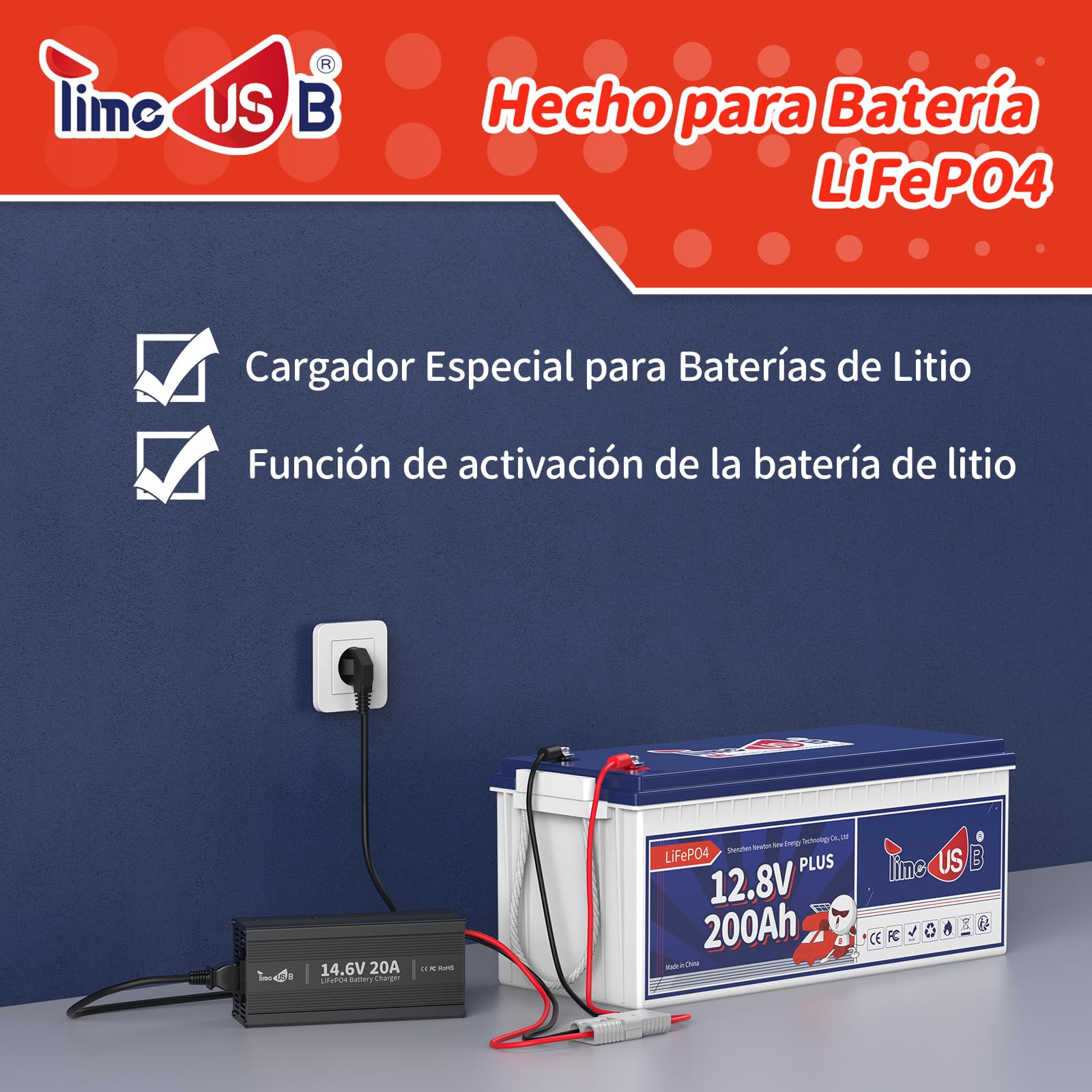 Timeusb Cargador de Batería LiFePO4 14,6V 20A para Baterías de Litio 12V | Cargador Inteligente de Carga Rápida con Conector Anderson y Pantalla LED, 6 Protecciones