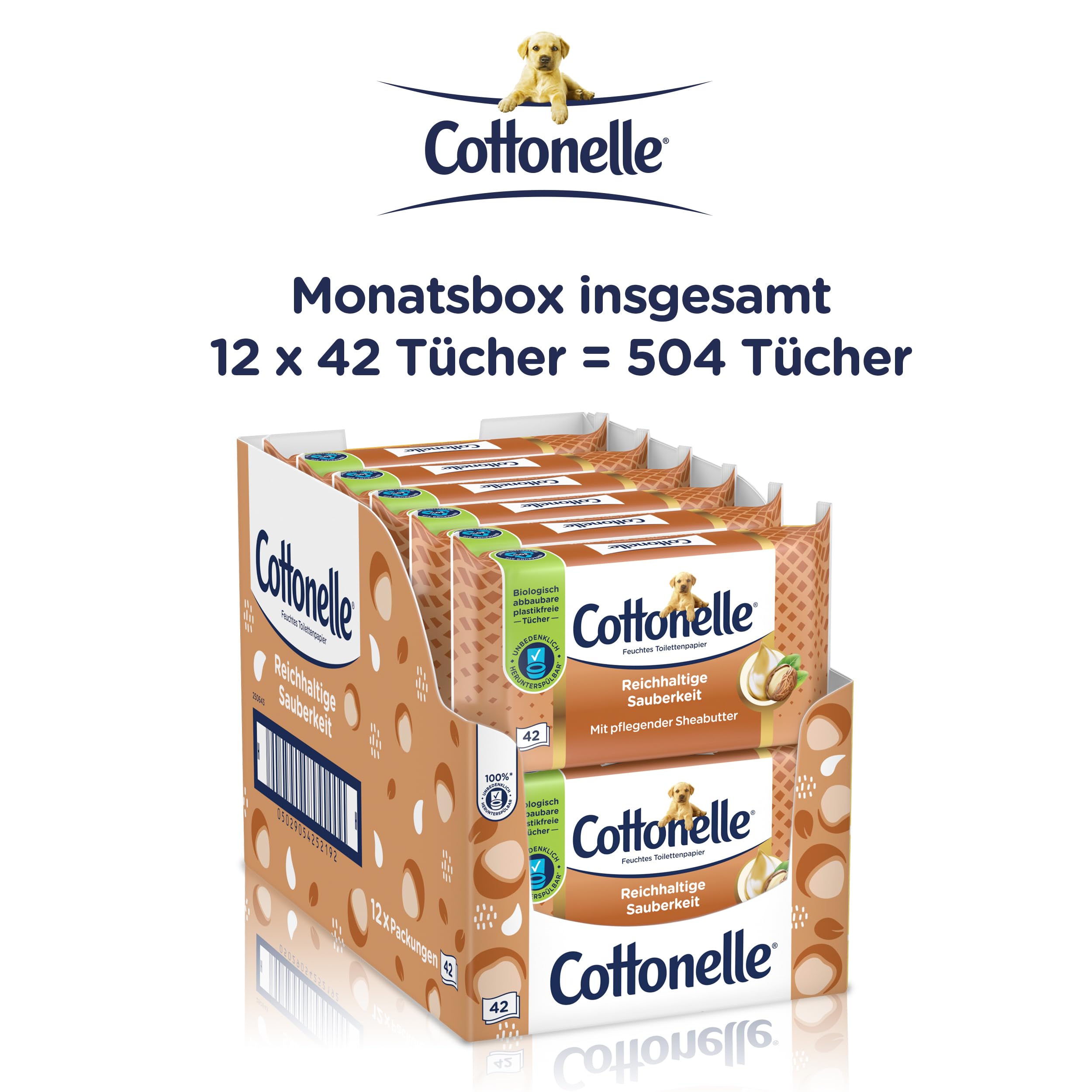 Cottonelle Mein Spa mokry papier toaletowy, masło kaszmirowe i shea, biodegradowalny, nie zawiera plastiku, możliwość ponownego zamknięcia, opakowanie ekonomiczne, 12 x 42 chusteczki nawilżane