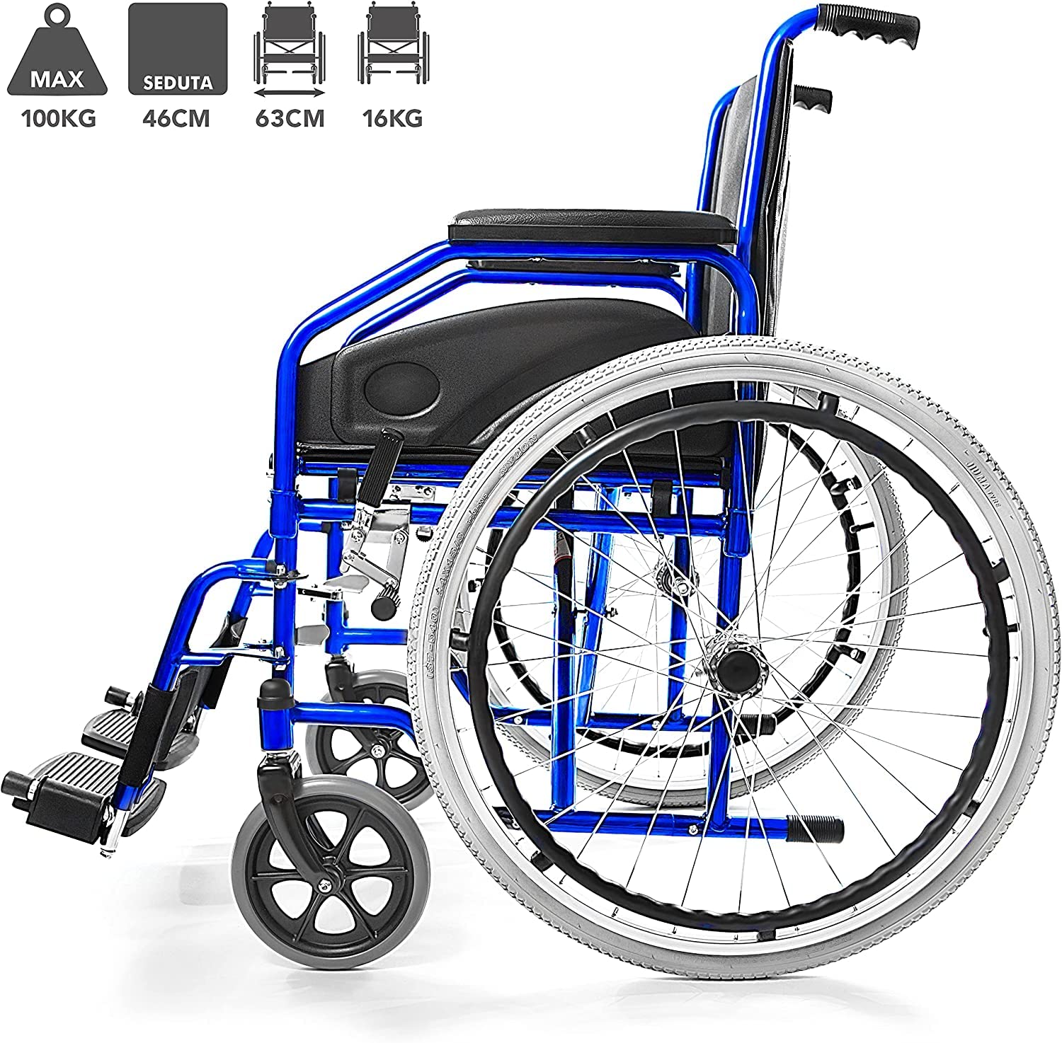 Silla de ruedas autopropulsada ligera para discapacitados y personas mayores | Reposabrazos y reposapiés desmontables |Cinturón de seguridad | Garantía de 24 meses Negro