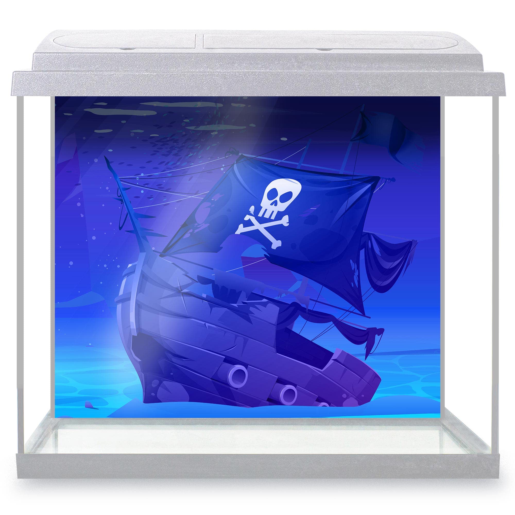 Aquarium Fish Tank Background 62x52 cm - Pirate Ship Sunken Filibuster Vessel Wooden Boat Jolly Roger Flag Sandy Bottom Cartoon Static Cling Vinyl Vivarium Terrarium External Application #500127