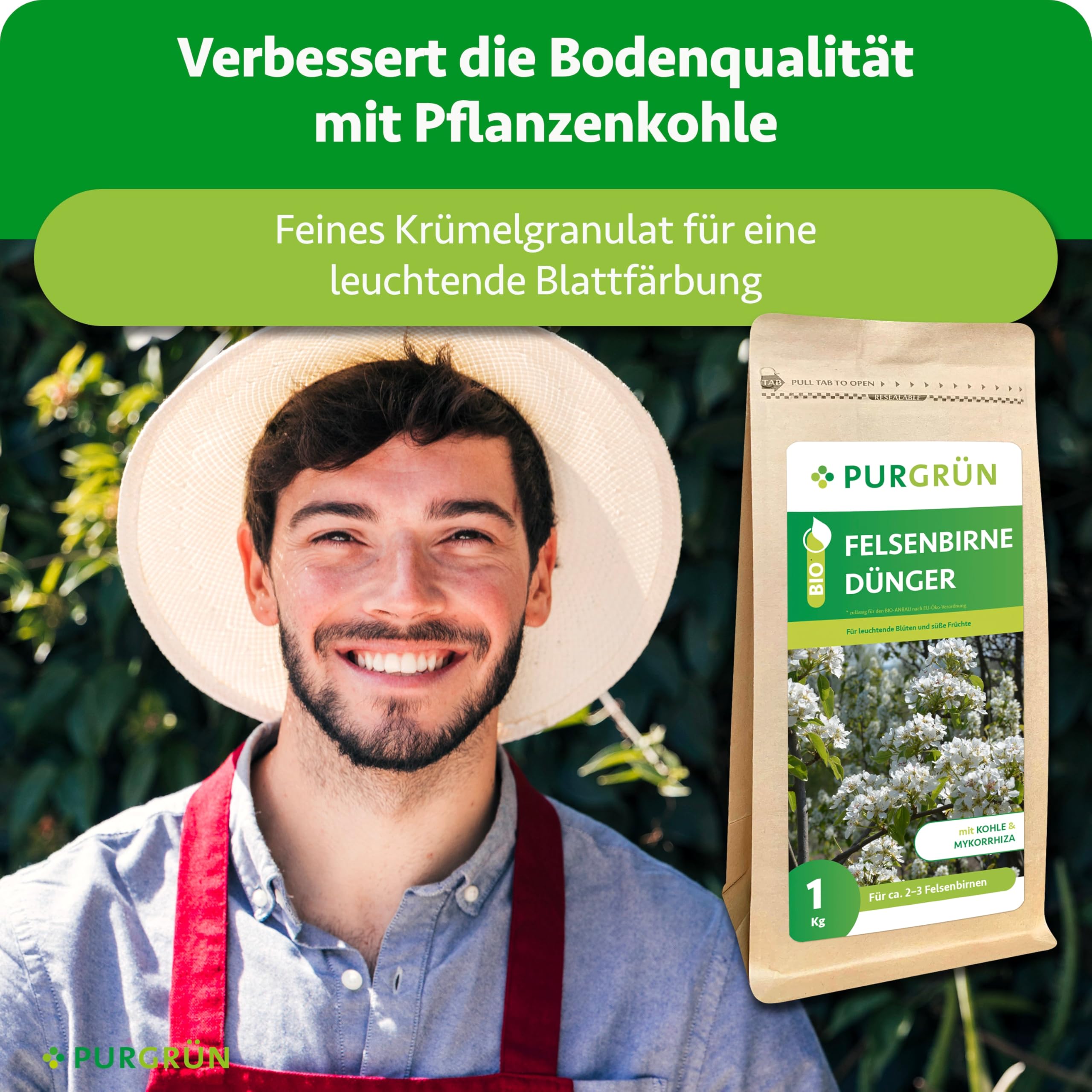Bio-Felsenbirne-Dünger 1 kg – Organisch-mineralische Rezeptur – Feinkörniges Krümelgranulat – NPK 6+4+5 – Mit Magnesium für leuchtende Blüten & süße Früchte – Verbessert die Bodenqualität