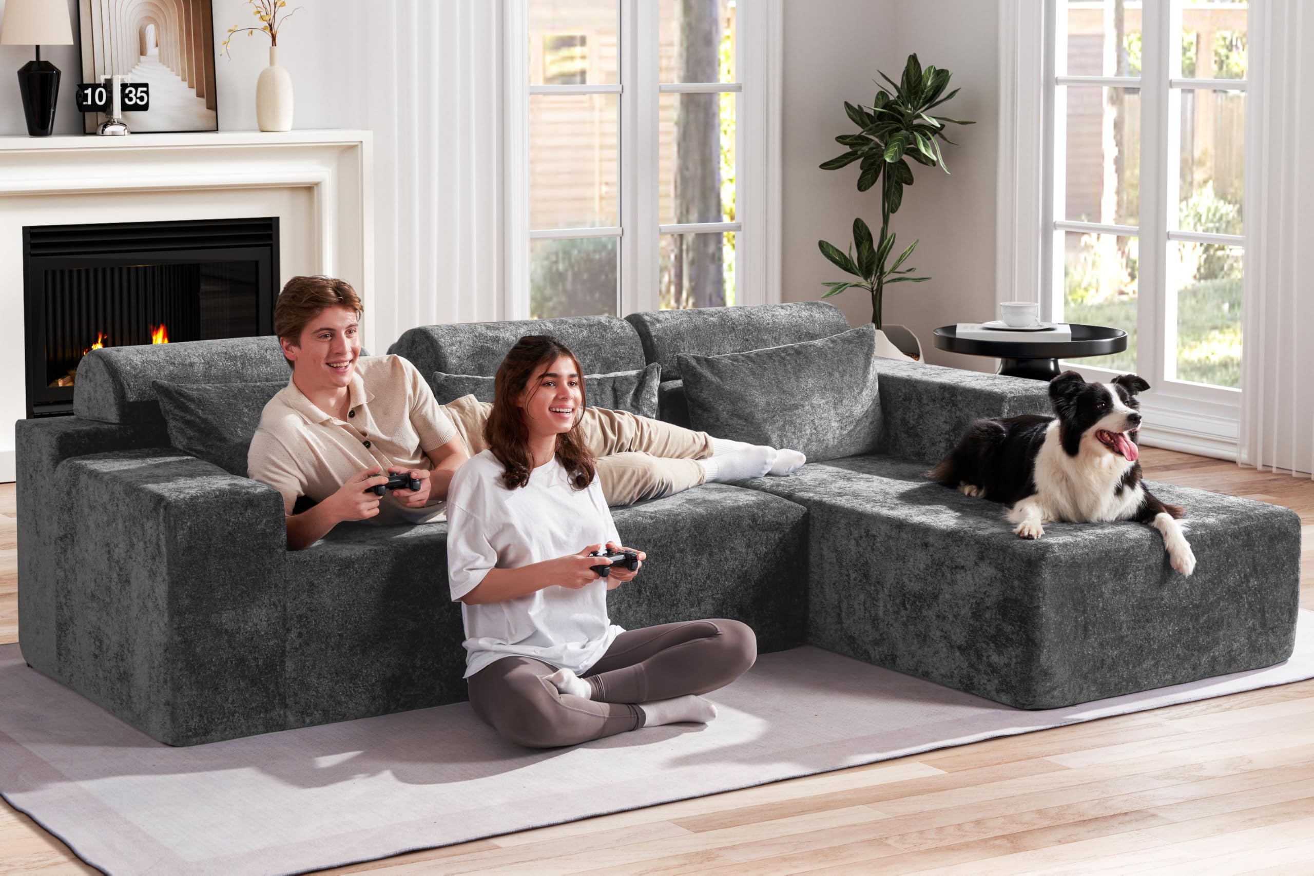 Sofás modulares seccionales para sala de estar, sofá nube de 105 pulgadas con diván en forma de L, cómodo sofá de sala de estar con asiento profundo, sofá en L sin montaje, terciopelo 3