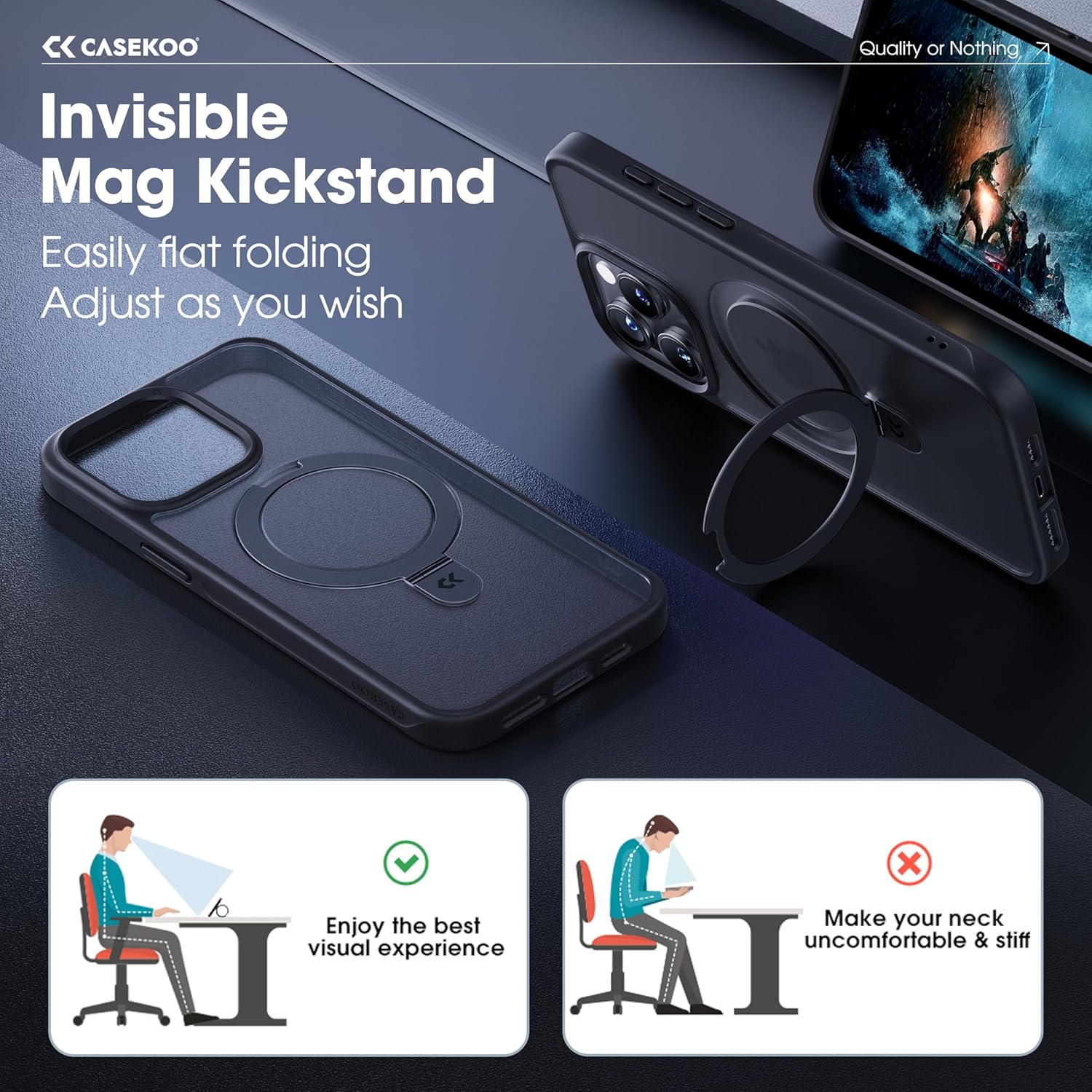 CASEKOO for iPhone 15 Pro Case with Magnetic Invisible Stand [Military Drop Protection] [Compatible with MagSafe] Shockproof Slim Translucent Matte Case 6.1 Inch, Black, for Man/Woman - Image 3