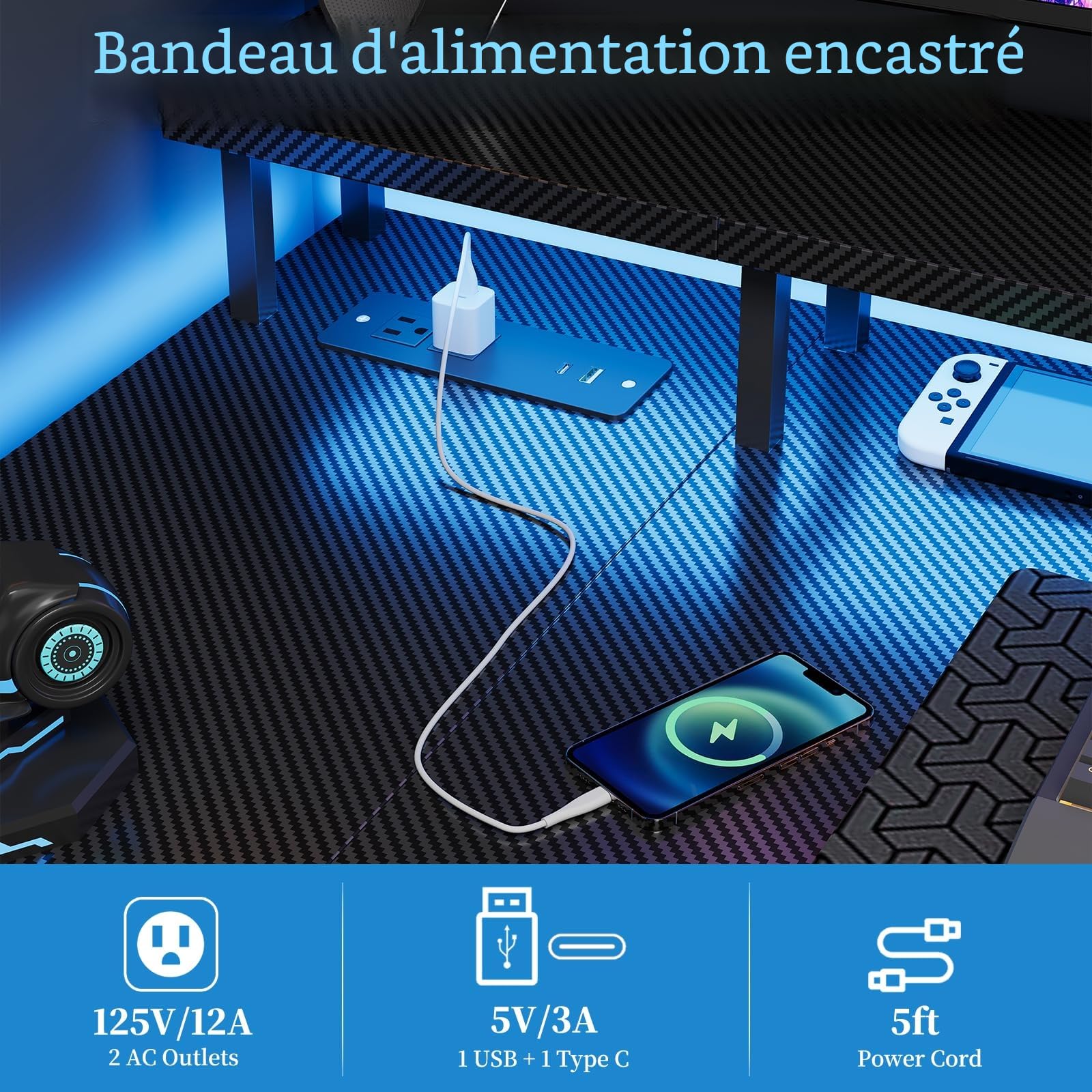 Grandder Bureau Gaming Réversible, 100x70cm Bureau d'angle en L avec Port de Charge USB et Prise de Courant, Table Ordinateur avec Support d'écran pour Chambre Domicile Maison Noir