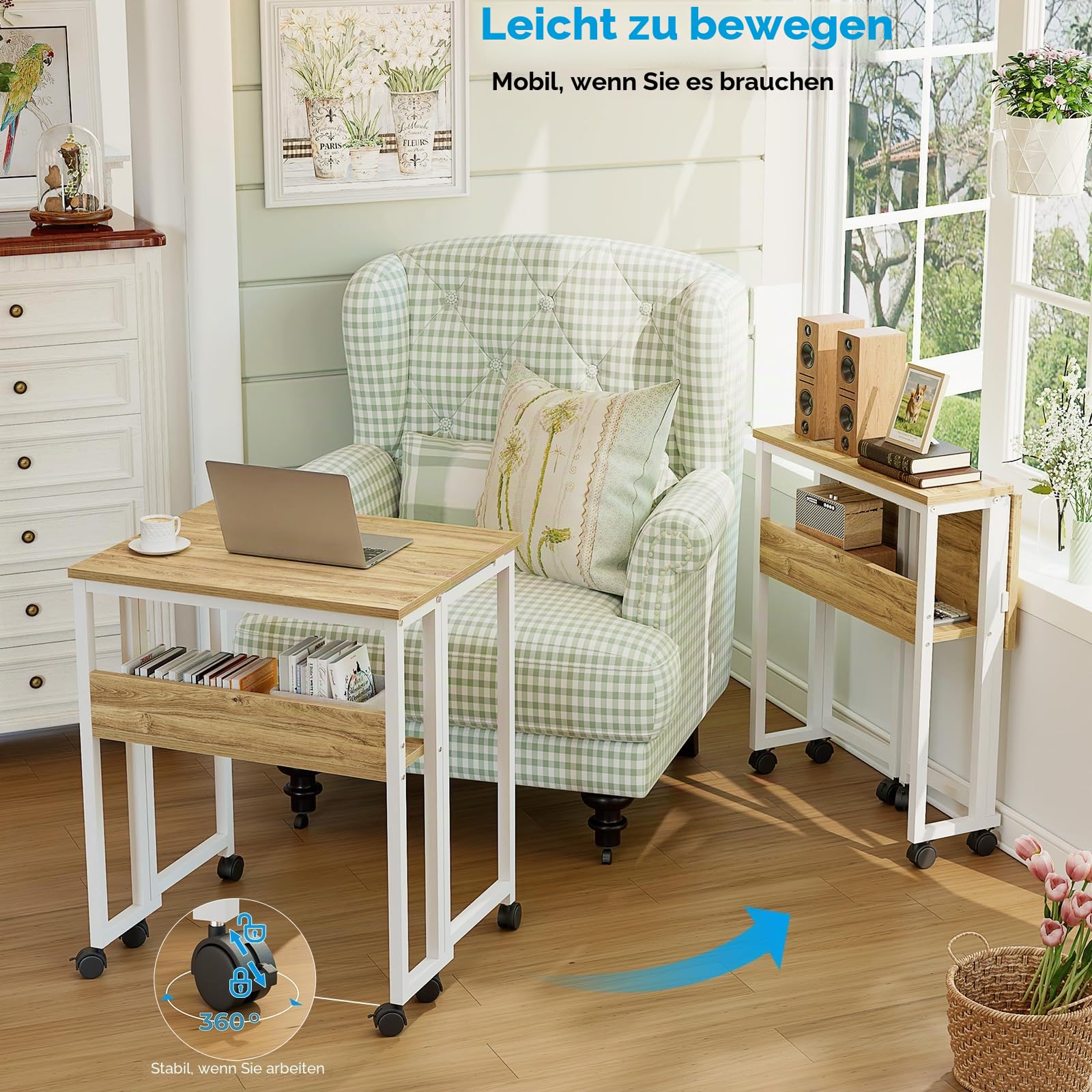GreenForest Kleiner Schreibtisch Klappbar mit Rollen, 63 cm Klappbarer Schreibtisch, Platzsparend & Einfache Montage – für Homeoffice, Studenten & kleine Räume, Beige | Mit platzsparendem Regal, tragbar, einfach zu montieren, für Heimbüro, Studio, Basteln