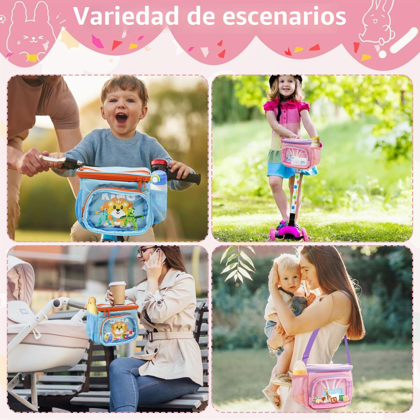 Cyiecw Bolsa de manillar para niños con correa para el hombro, cesta delantera para niños y niñas, resistente al agua, accesorios de bicicleta para bicicleta, triciclo, scooter, scooter
