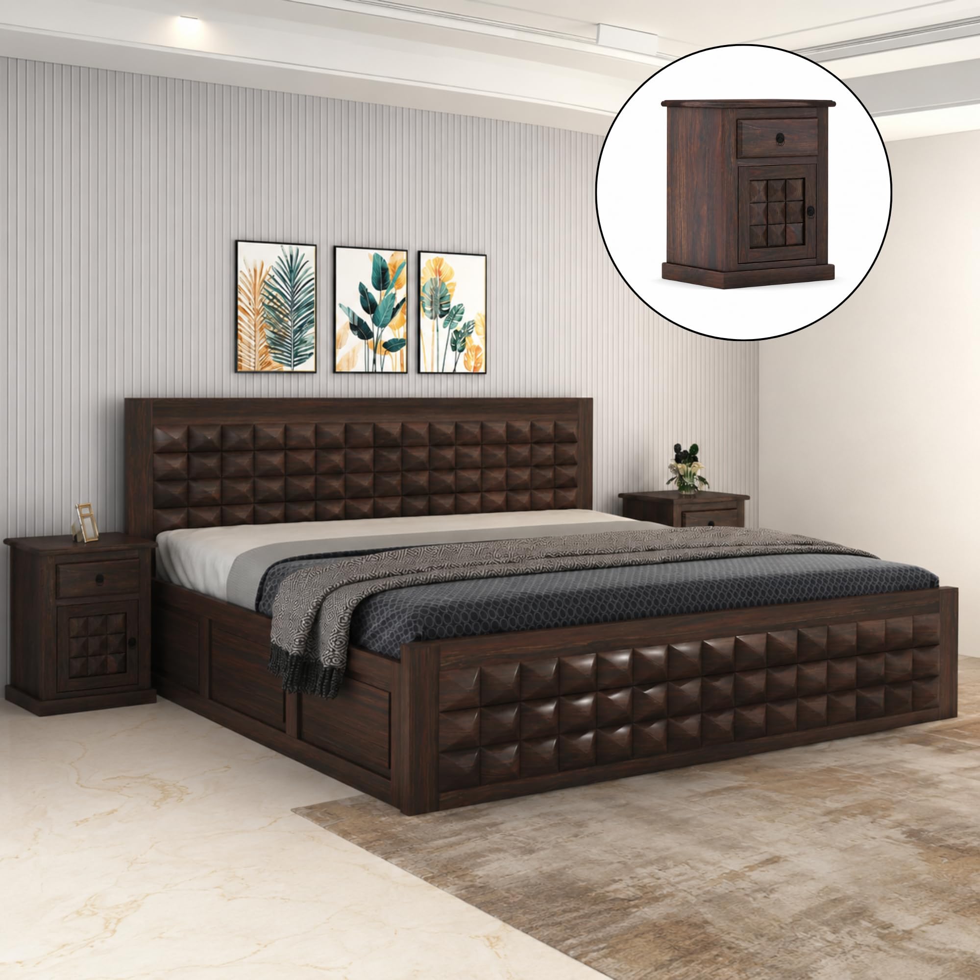 SONA ART & CRAFTS Diamond Solid Sheesham Wood Queen Size Bed with Storage Box + 2 Side Tables | Wooden Bed Queen Size Cot Bed, Double Bed with Box for Home - Walnut Finish (Assembly Included)-image-4