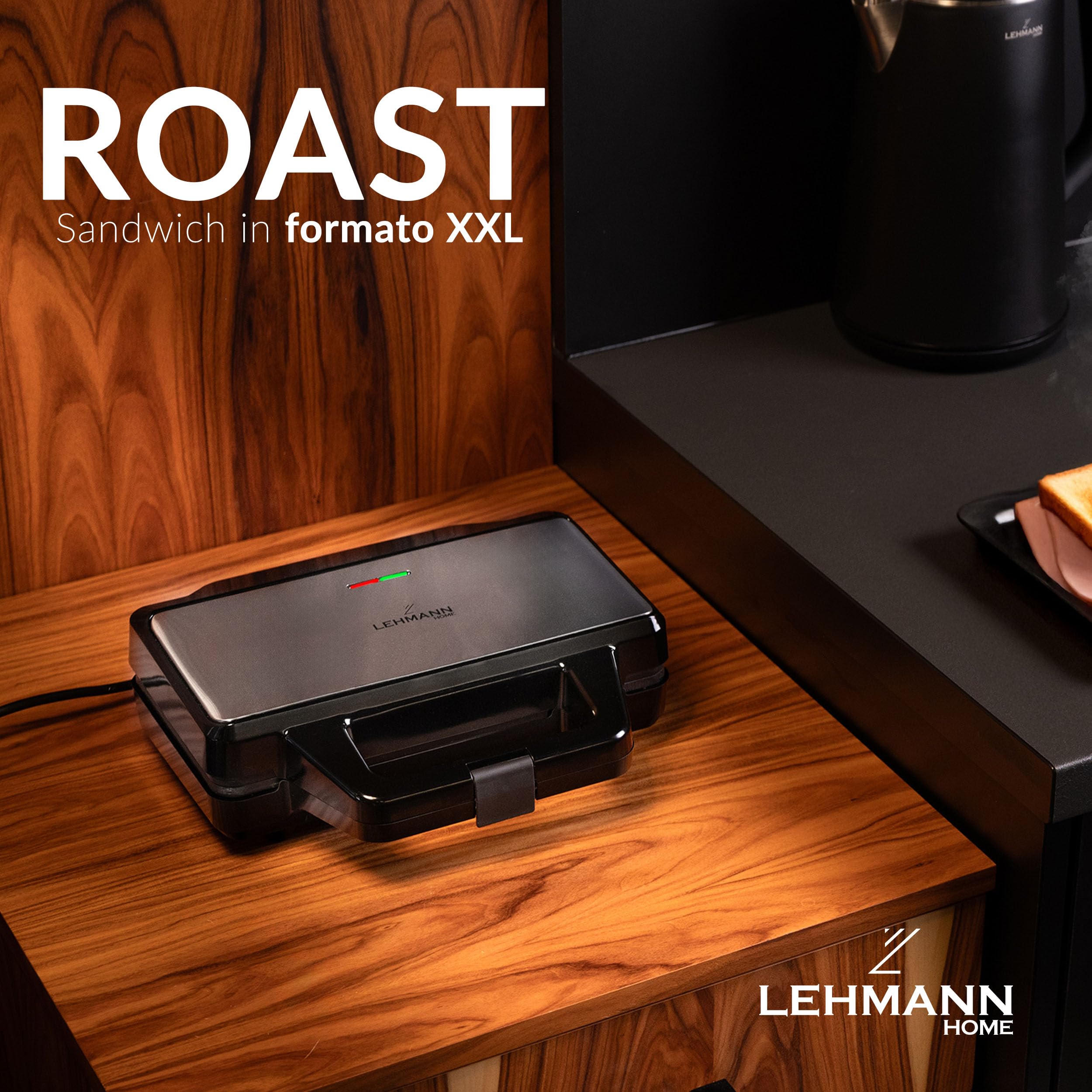 LEHMANN Sandwich Maker XXL – Piastre Extra Grandi – Tostiera Elettrica XXL per 2 Sandwich a Forma di Conchiglia – Antiaderente – Indicatore di Prontezza – Facile da Pulire – 1000W