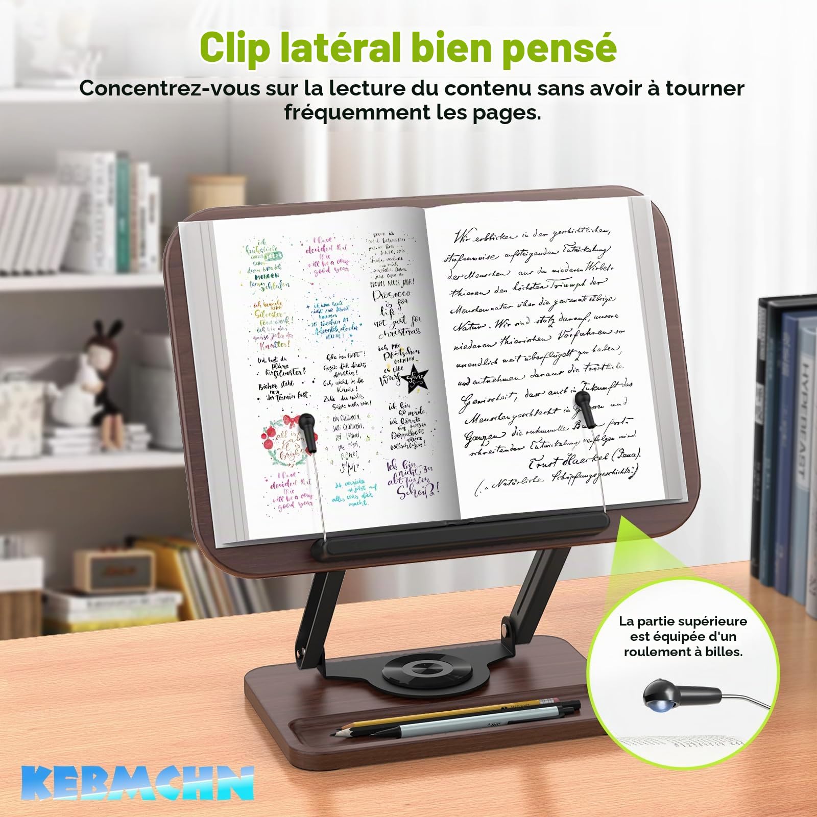 Support de Lecture en Bois, Base Pivotante 360°, Hauteur Réglable | Porte-Livre pour Livres de Cuisine, Manuels Scolaires, Ordinateur Portable, Partitions Musicales
