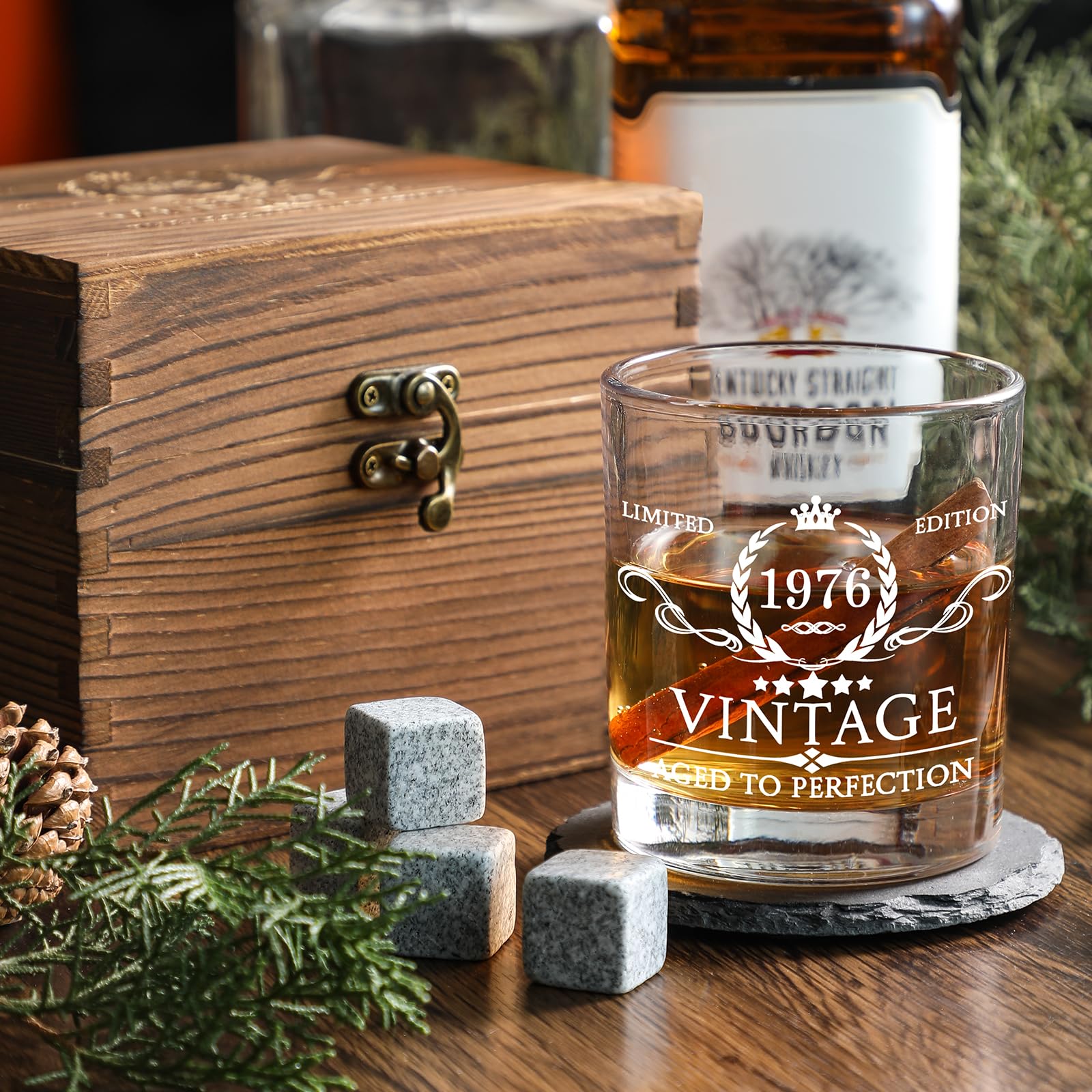 50th Birthday Whiskey Gift Set - Wood Box & Stones -5