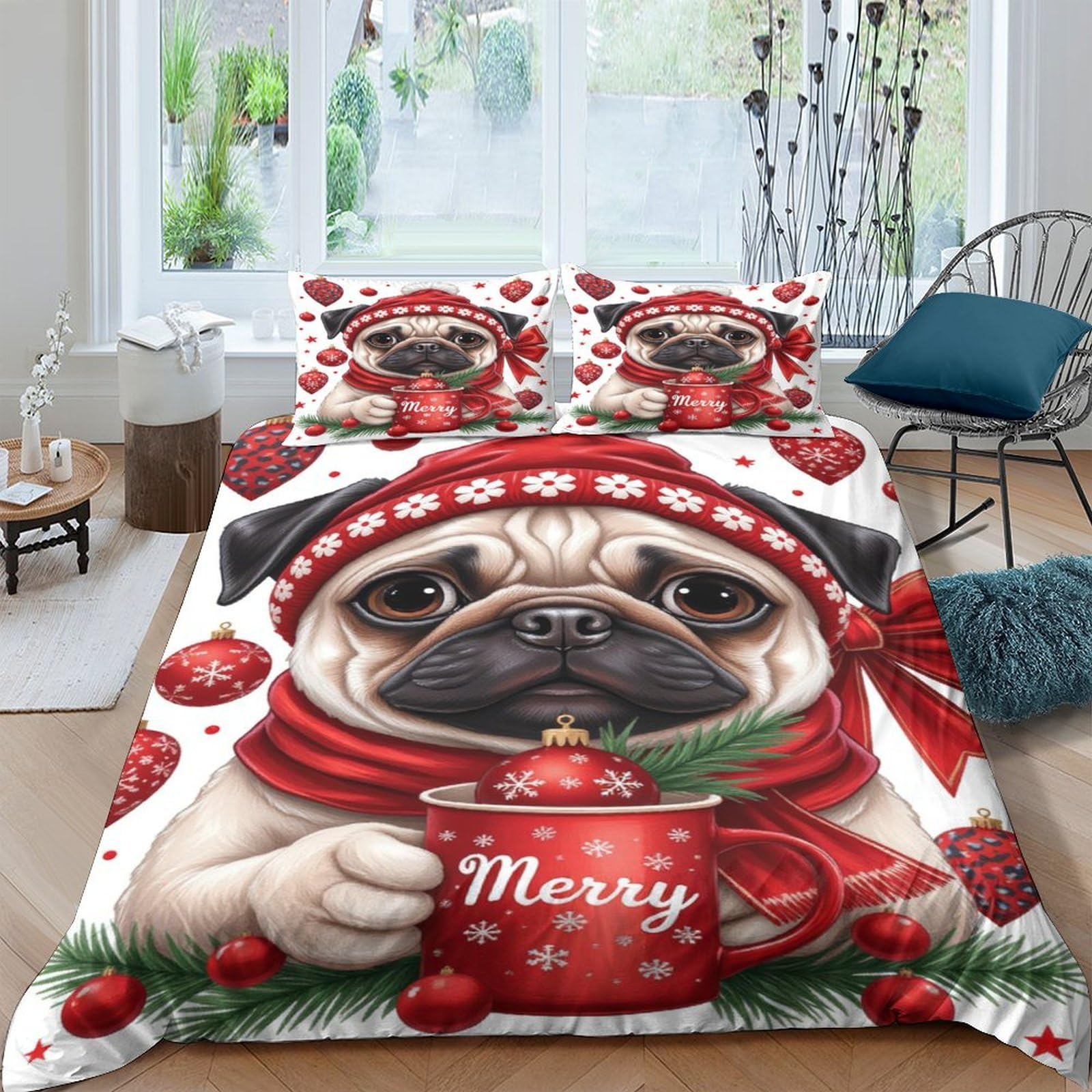 Ctjqhvkz Style-6 3D Printed Christmas Pug Fitted Sheet Microfiber Red Scarf Dog Mattress Cover For Bedroom Guest Room Decor Single（135X200cm）