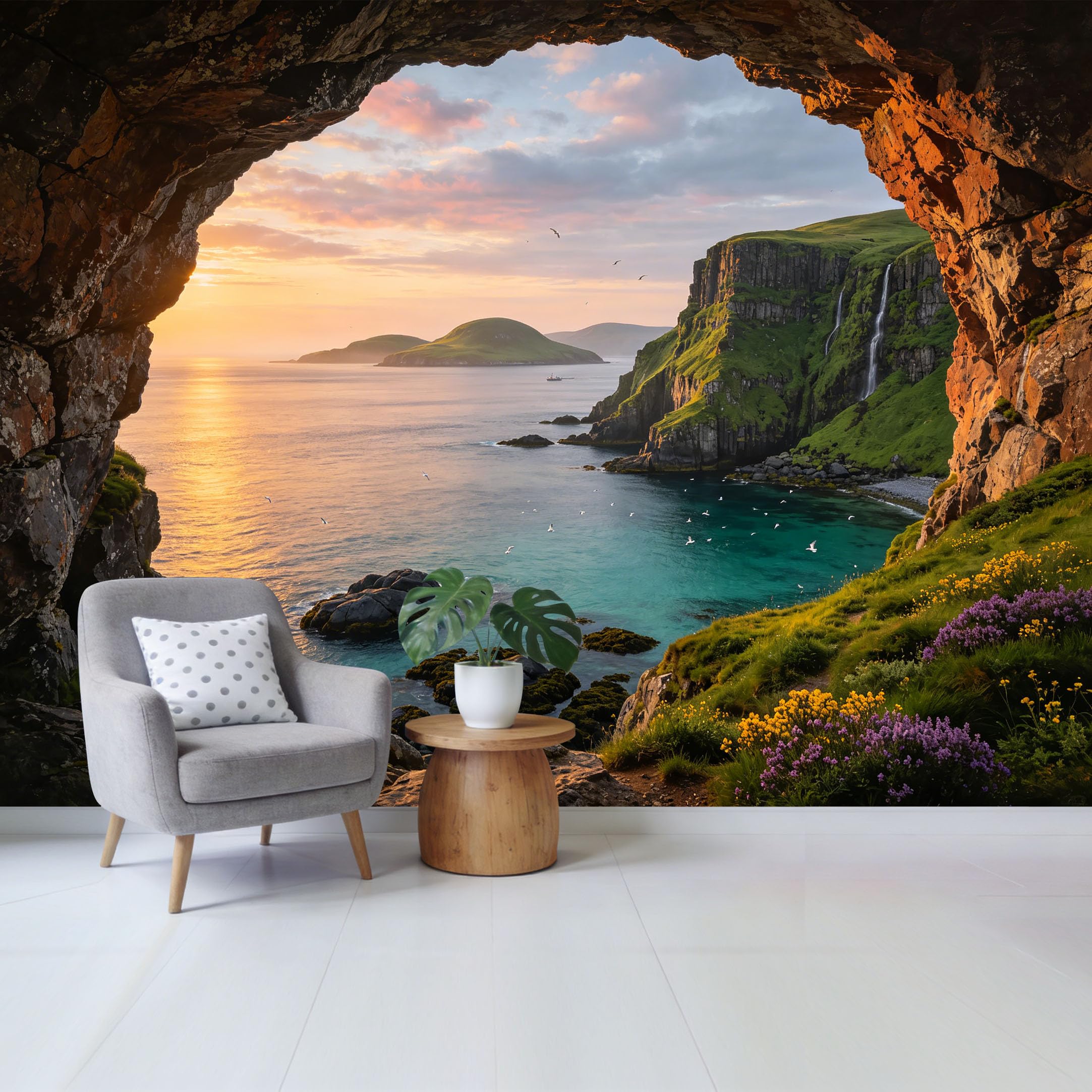 Custom Size Wall Mural Coastal Cliff Sunset Ocean View Landscape Removable Self Adhesive Fabric Home Wall Decor for Living Room Bedroom Bathroom