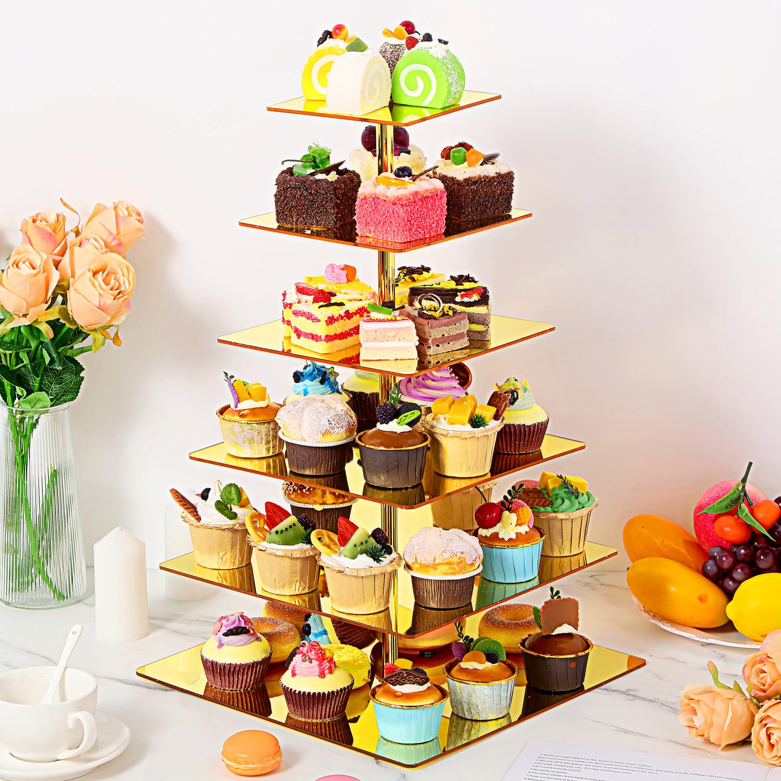 Jinei 6 Tier Gold Mirror Cupcake Stand Cupcake Mirror Acrylic Square Cupcake Display Holder for 112 Cupcakes Cake Tower Display Dessert Stand Cup Cake for Wedding Christmas Birthday Party