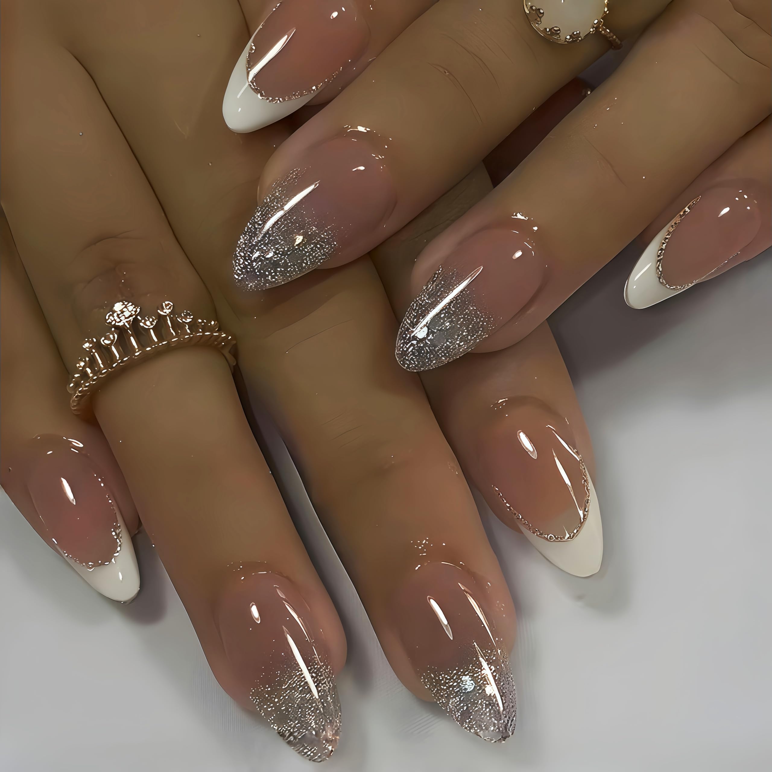 White French Tip Press-On Nails With Rose Gold Glitter Designs - Short Almond Shaped Fake Nails, Sparkly Full Cover Acrylic Nails, Glossy Artificial