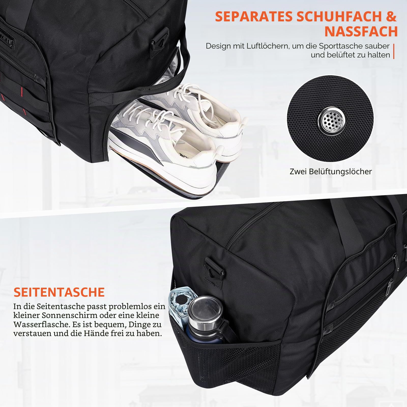 WITZMAN Faltbare Reisetasche Herren 65L Leicht Weekender mit Schuhfach | Nylon, Zusammenfaltbar für Platzsparende Aufbewahrung, Vielseitig für Gym, Wochenend, Sport, Übernachtung, B697 Schwarz