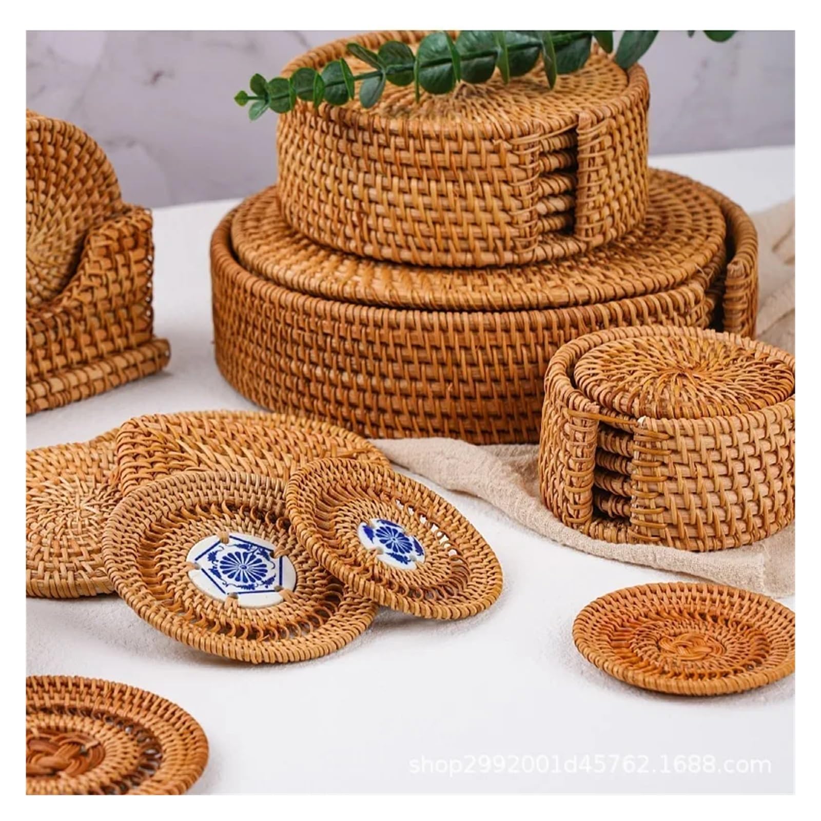 posavasos de ratán tejidos, Posavasos redondos de ratán tejido, paquete 4, 8-13 cm(Style2,13cm)