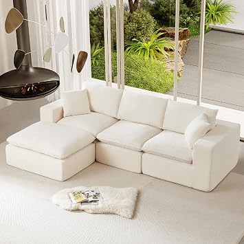 108" Modular L-Shaped Cloud Sectional Sofa, 3 Seater Chenille Boneless Deep Seat Couch with Ottoman for Living Room, Apartment & Home Theater,Beige