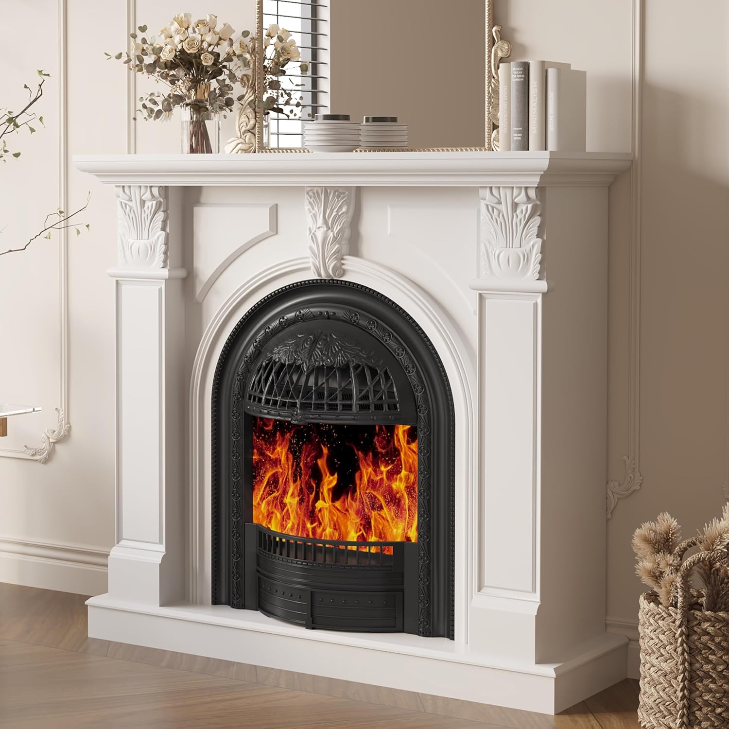 BLANKSPACE 48″ Electric Fireplace with Mantel, Tv Stand with Black Birdcage Fire Place Heater and Carved Square Column Design Design for Living Room, Bedroom BLANKSPACE 48″ Electric Fireplace with Mantel, Tv Stand with Black Birdcage Fire Place Heater and Carved Square Column Design Design for Living Room, Bedroom