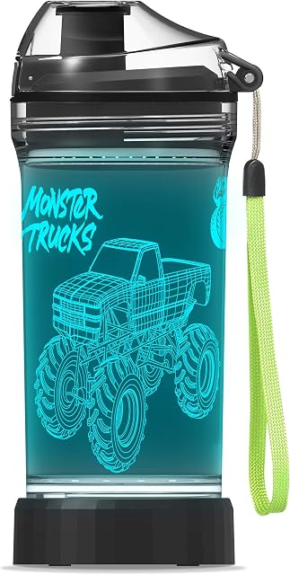 YuanDian Monster Truck 3D Glowing Water Bottle with - 14 OZ Tritan BPA Free Eco-Friendly - Cool Drinking Cups Gift for School Kids Boy Girl Child Christmas Holiday