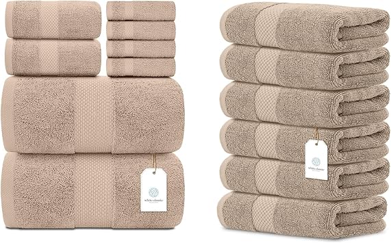White Classic 8-Piece Taupe Bath Towel Set [2 Bath Towels, 2 Hand Towels, 4 Washcloths] and 6 Taupe Hand Towels 16 x 30 | Cotton, Highly Absorbent and Quick Dry for Hotels, Spa and Bathroom