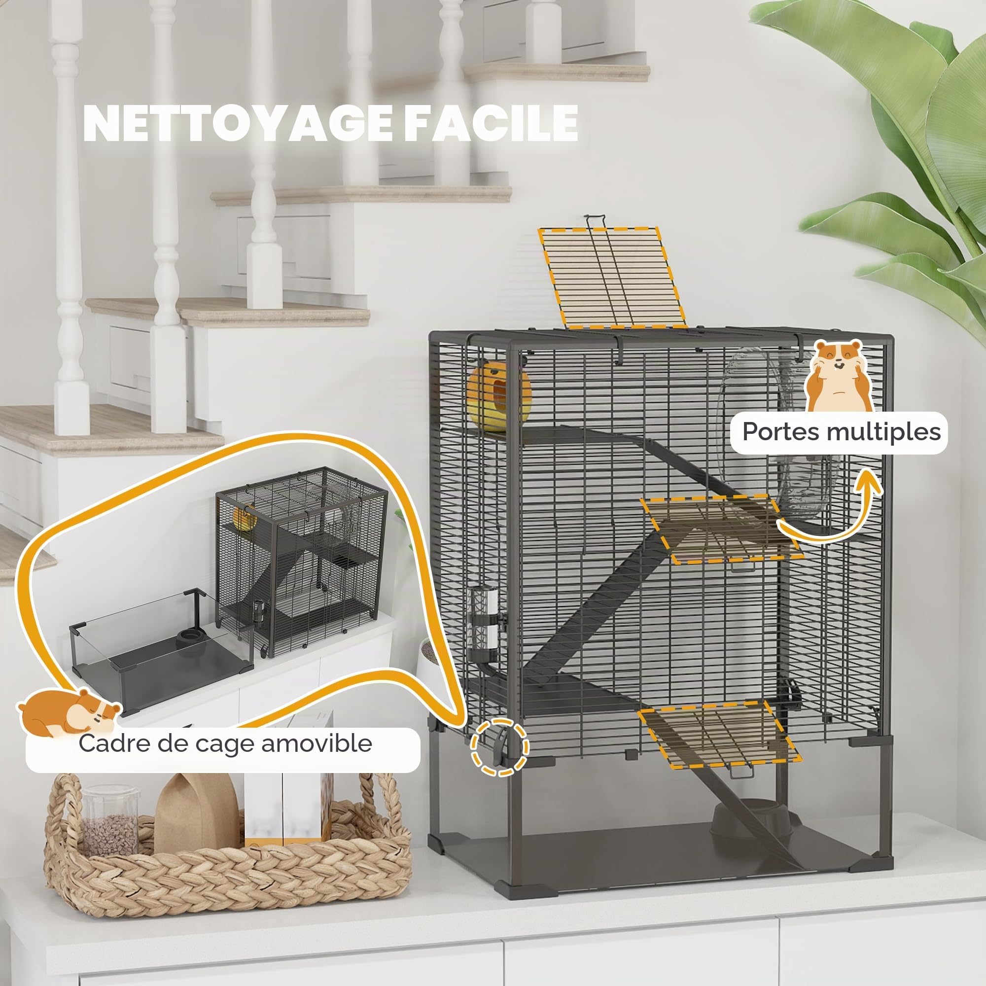 PawHut Cage Hamster Fond Verre trempé 23cm pour Rats 60x40x80cm