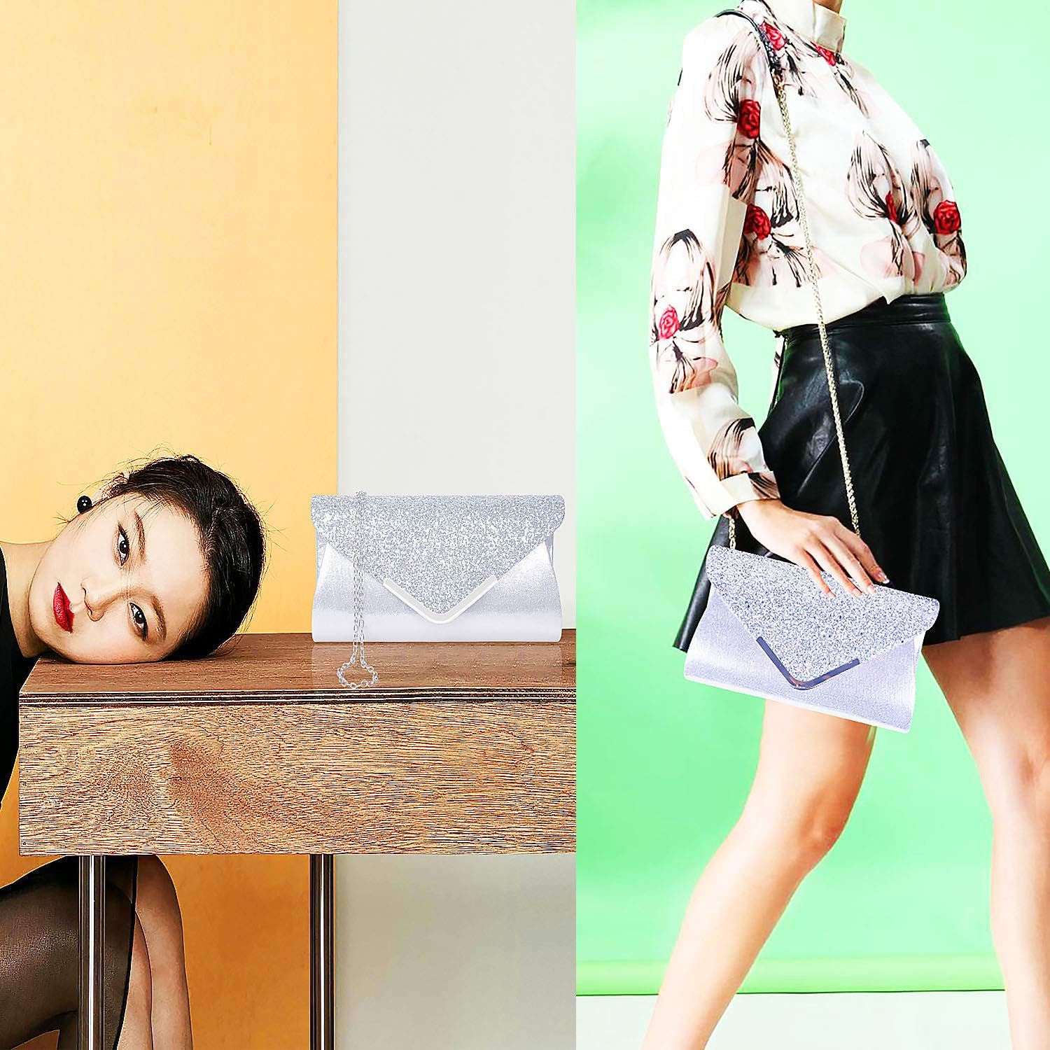 Women Evening Envelope Handbag Prom Sequin Clutch Purse Shoulder Cross Body Bag - Image 2