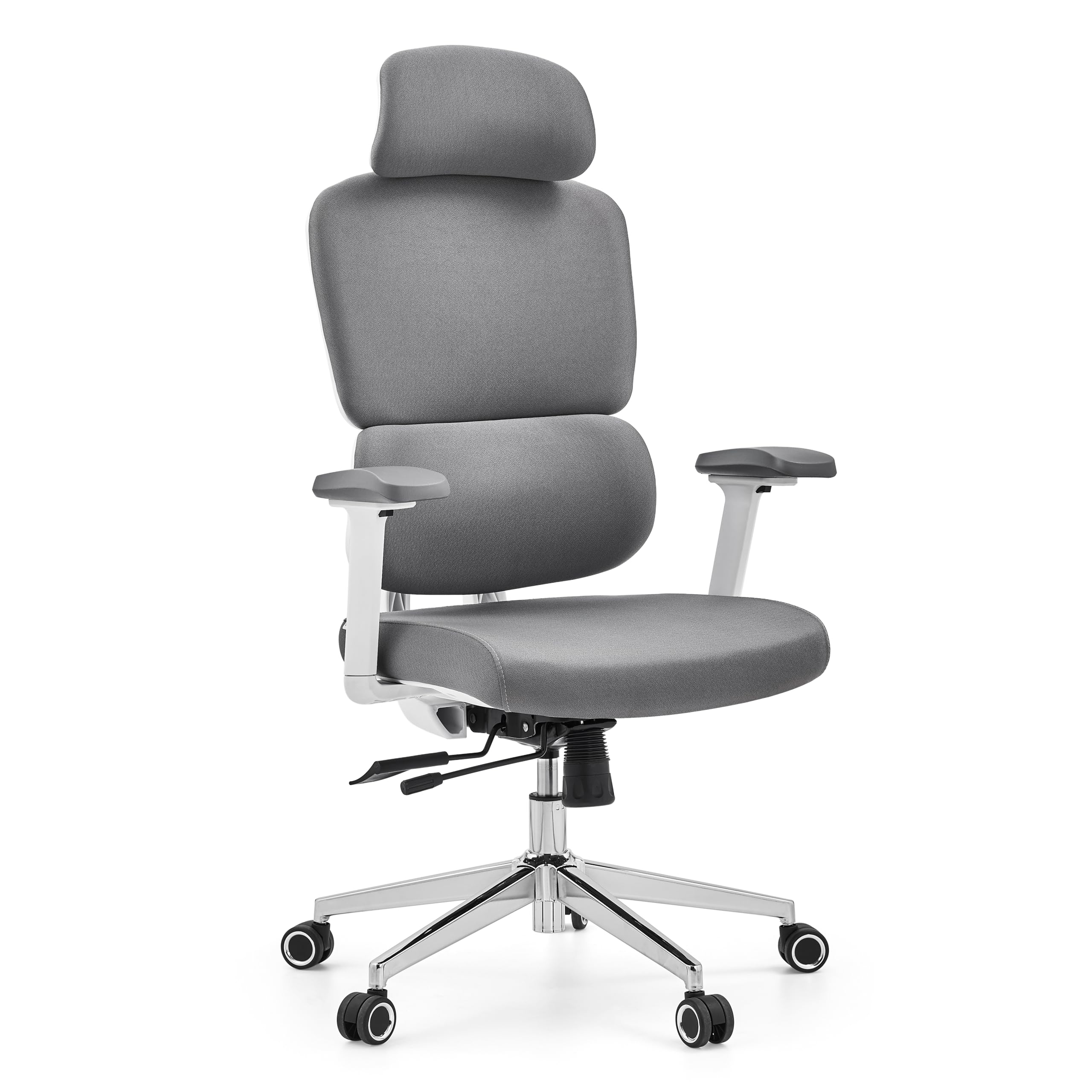 hjh OFFICE Ergonomiczne krzesło biurowe Ergomy WF 2 – krzesło obrotowe z regulowanym zagłówkiem, podłokietnikami 3D i mechanizmem synchronicznym – wytrzymałe obicie materiałowe, szare