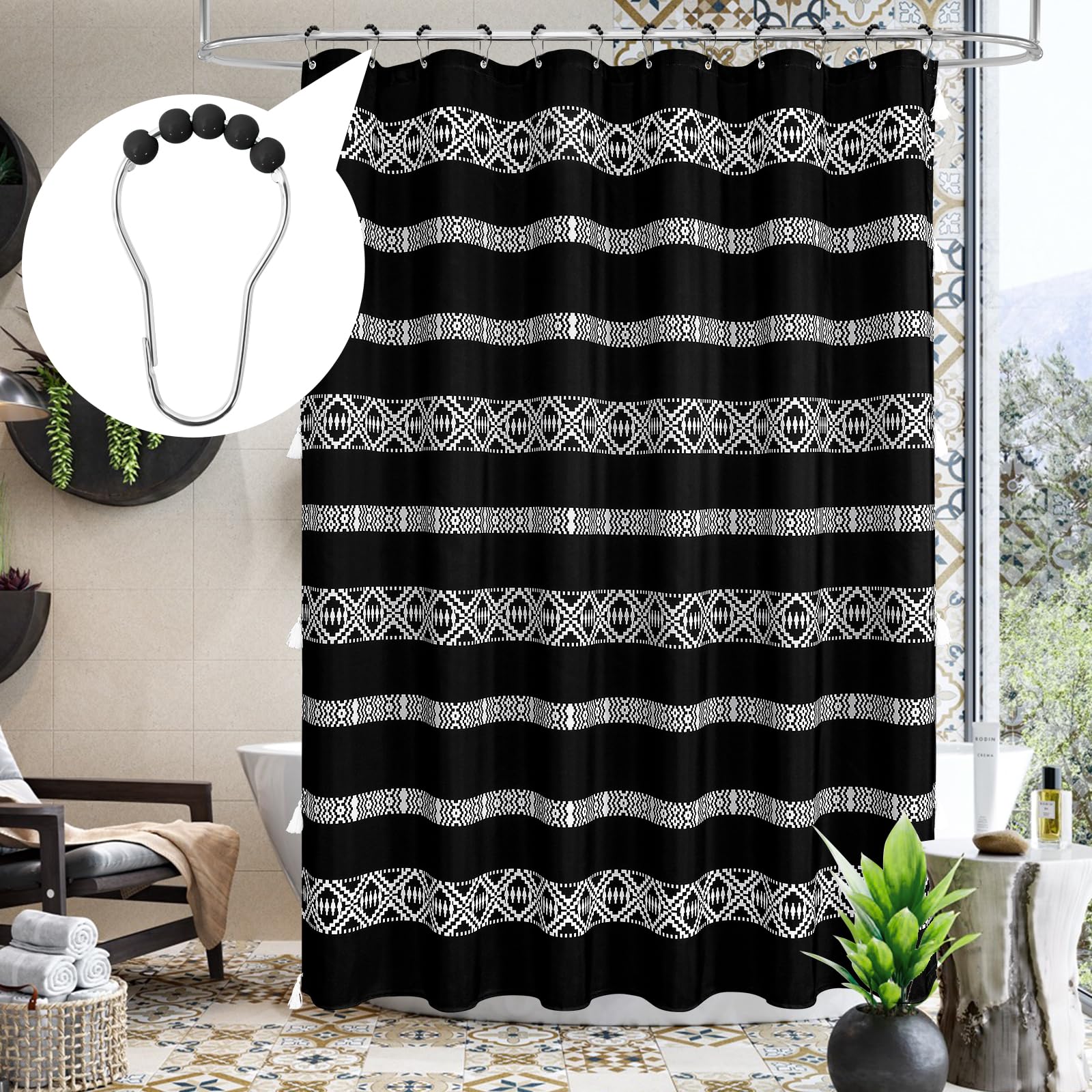 MitoVilla Black Shower Curtain Hooks, Rolling Balls Rust Proof Shower Curtain Rings for Shower Curtain & Liner, Decorative Shower Hooks for Bathroom Curtain and Shower Rod, Stainless Steel, 12 PCS