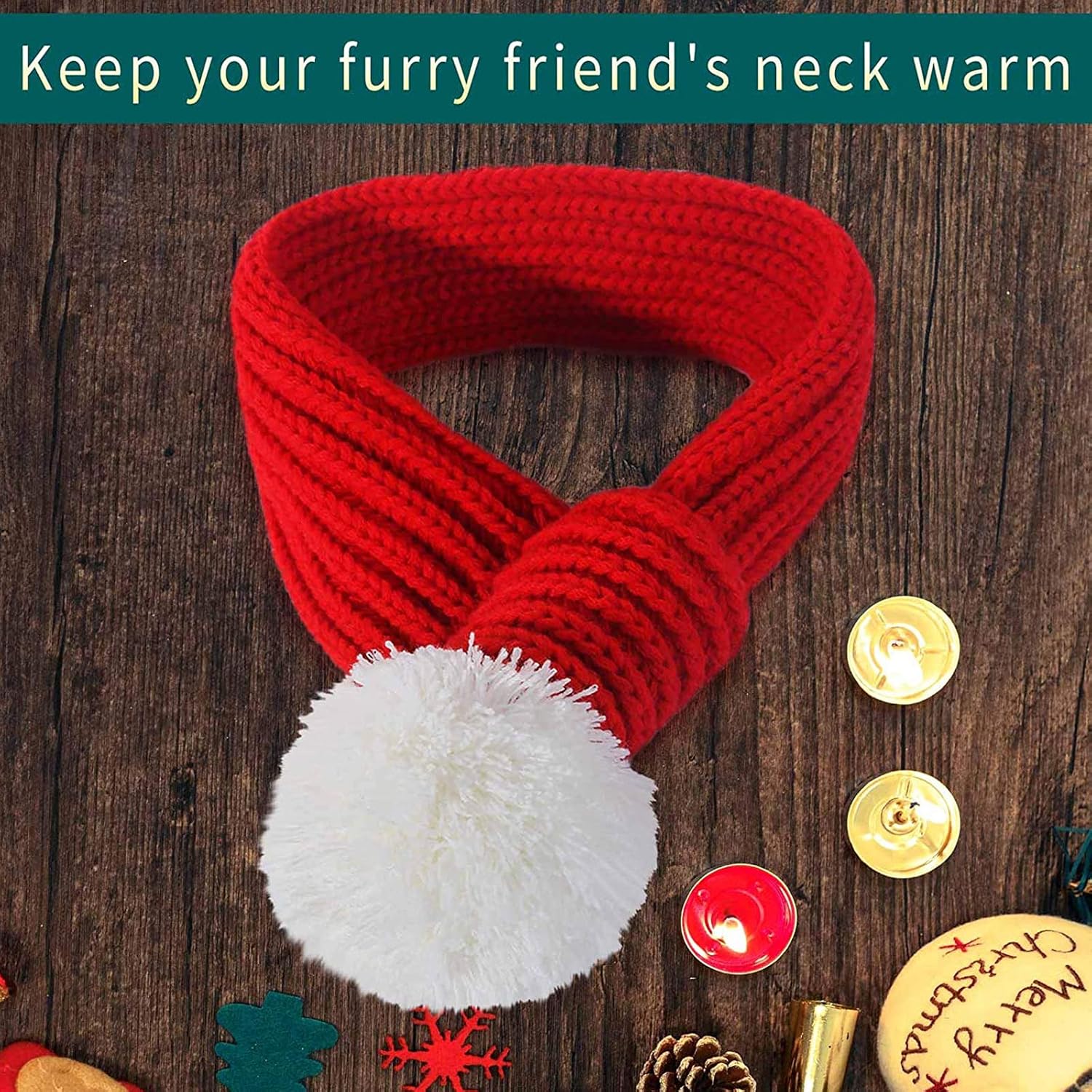 Inscape Data Christmas Dog Santa Hat with Adjustable Scarf, Red Knit Scarf with White Pompom Ball, Dog Winter Neck Warmer, Christmas Party Dressup