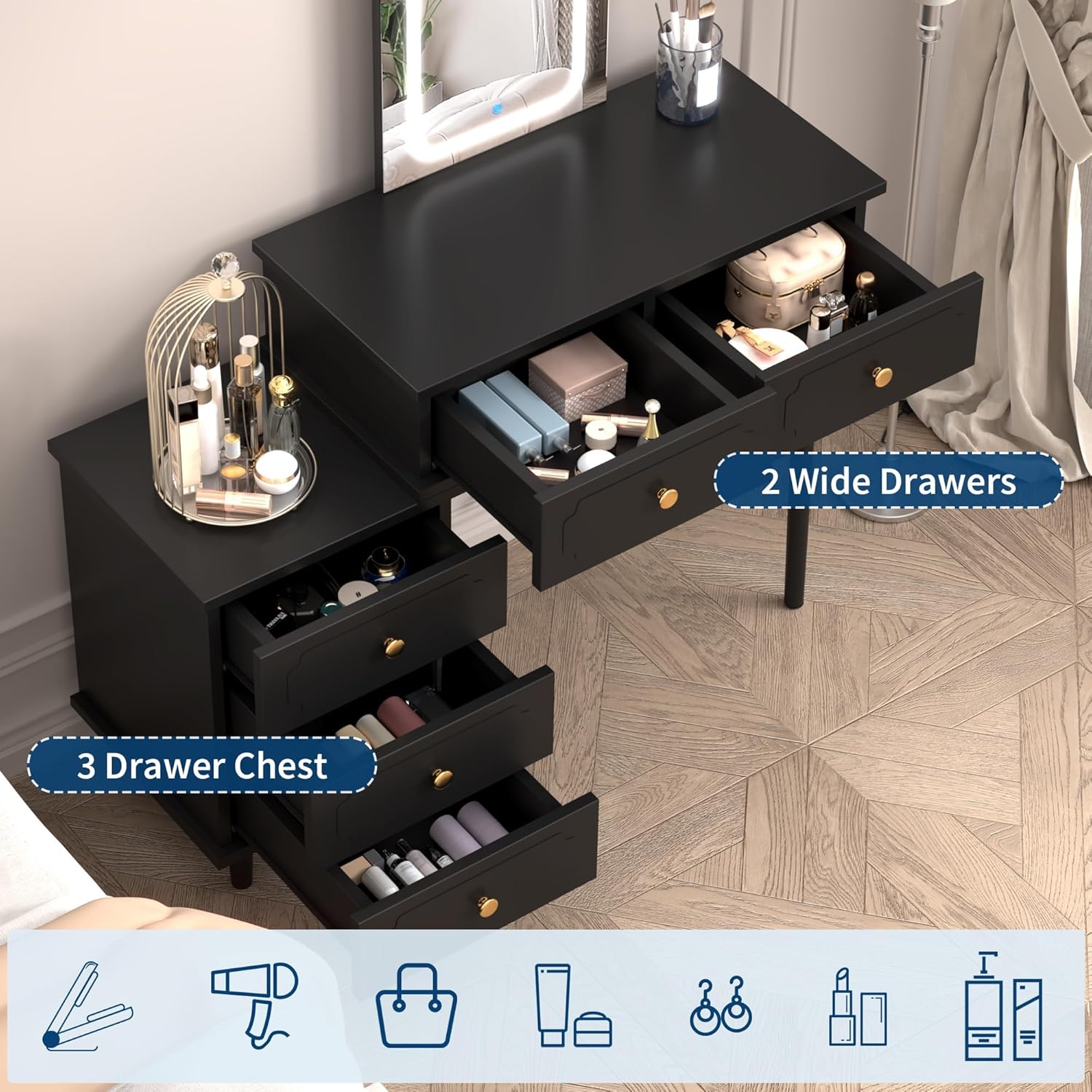 Garvee Modern Makeup Vanity Desk with LED Mirror Lights, 2 Drawers & Adjustable 3-Drawer Cabinet, Wood Dressing Table for Bedroom Storage Organization