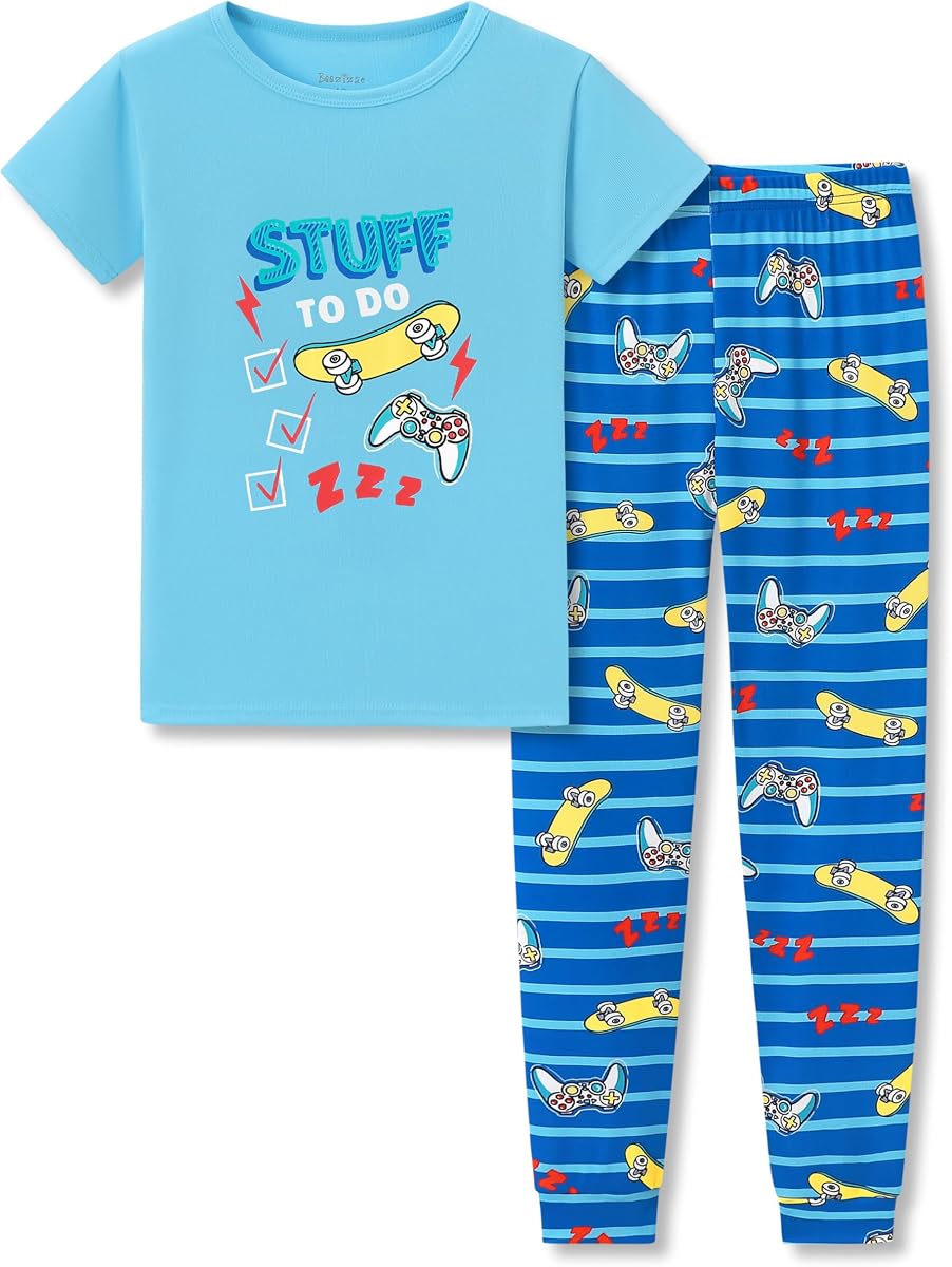 Beezizac Pijamas para niños Conjunto de manga corta con estampado fresco y ajuste ceñido Talla 4T-14 | Mezcla de poliéster suave, camiseta ajustada de manga corta con cuello redondo, pantalones de cintura elástica, ropa de dormir de 2 piezas para niños pequeños, pequeños y grandes