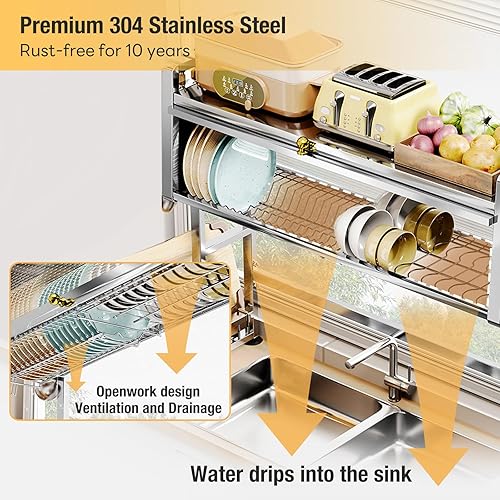 Miniatura 4 de wercome Estante de secado de platos ajustable de acero inoxidable de 3 niveles plegable extra grande para encimera de cocina para ollas y sartenes