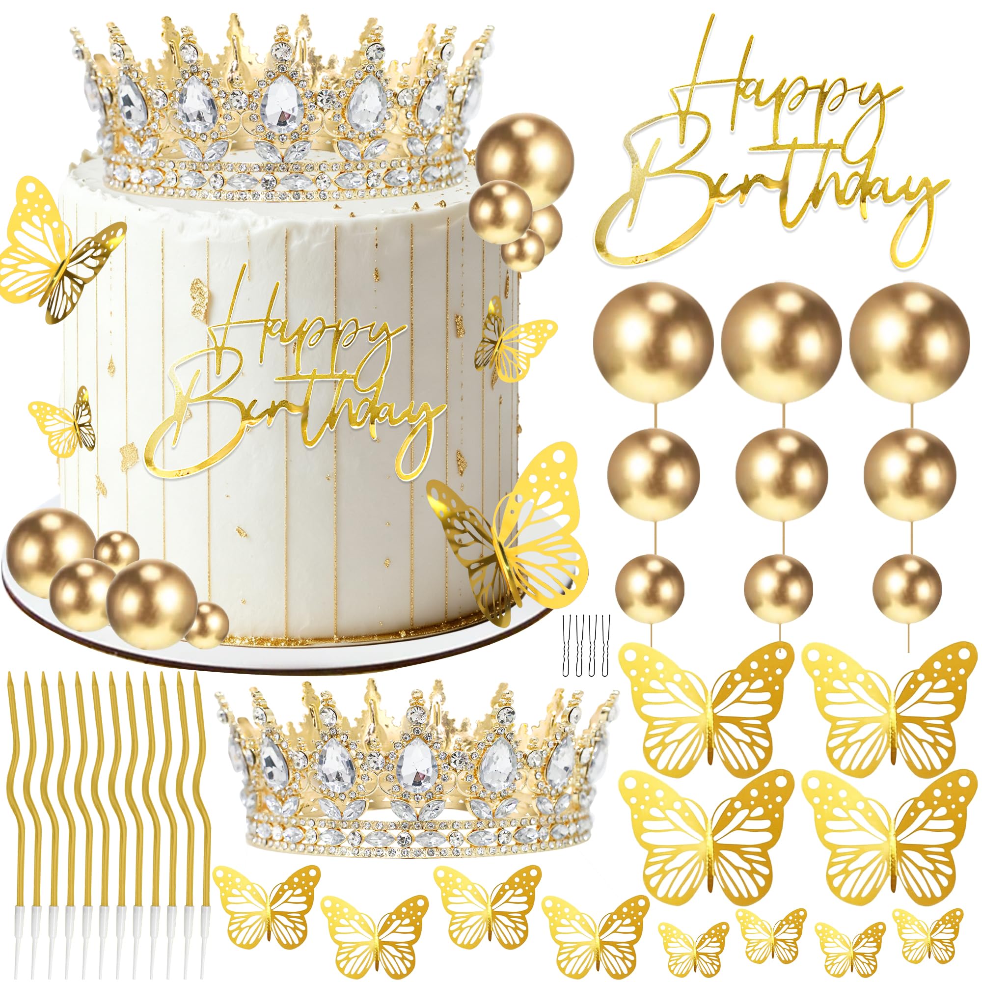 Crown Happy Birthday Cake Topper Candles Butterfly Balls Decoration