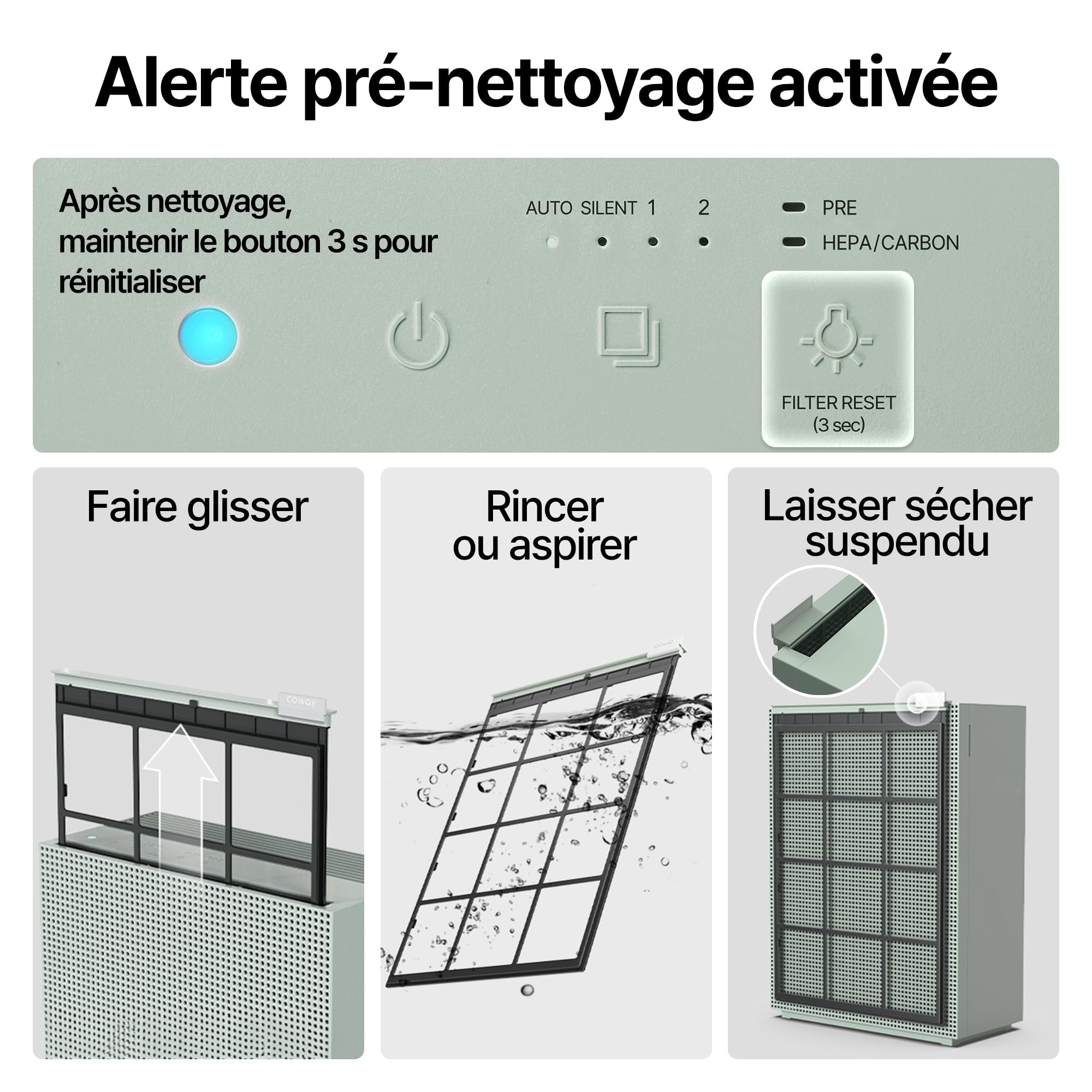 COWAY purificateur d’air maison chambre, air purifier, ECARF Quiet Mark, mode sommeil 20 dB, préfiltre lavable amovible par le haut, allergies fumée pollen animaux, Airmega 150, Vert