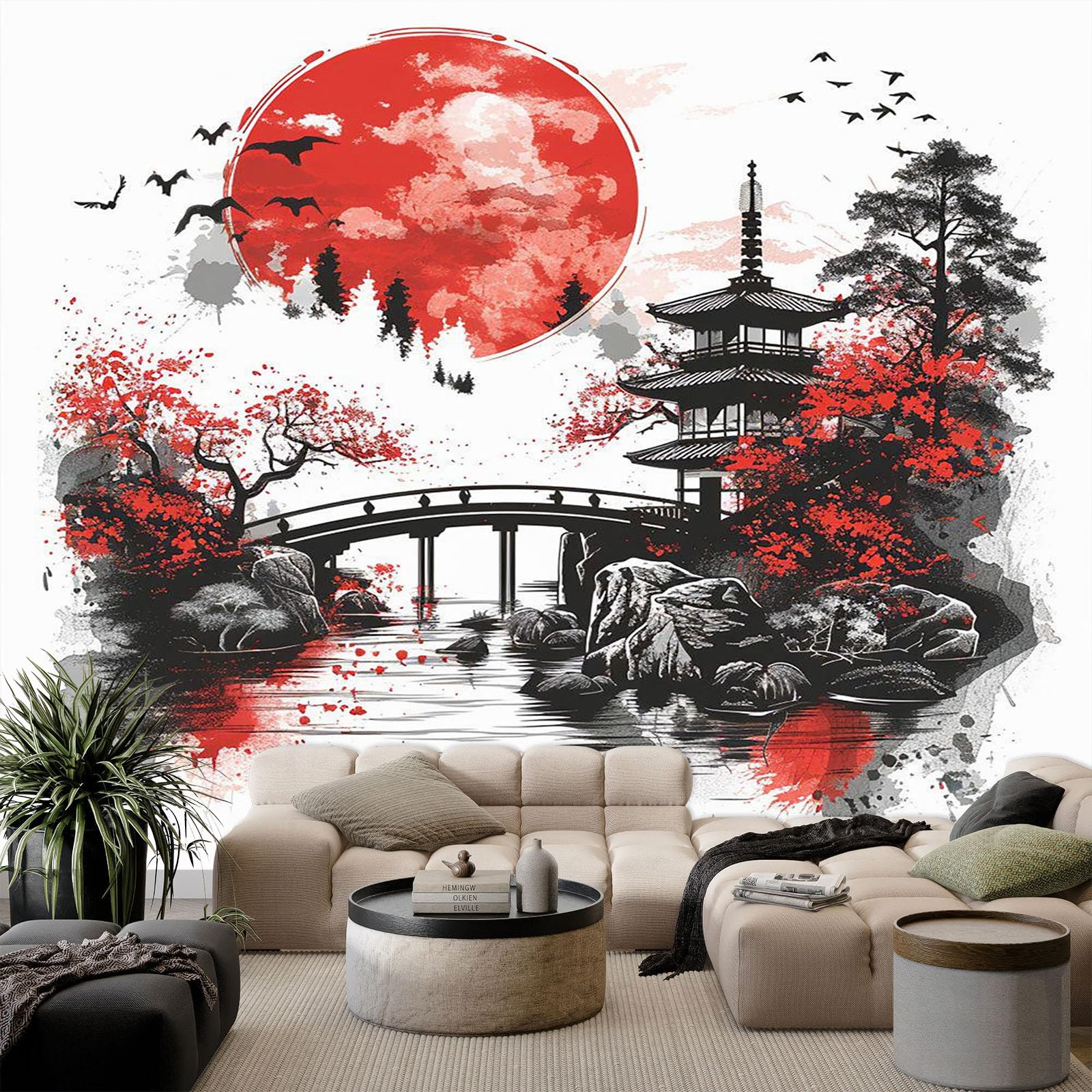 Papier Peint Panoramique 3D Lever de Soleil Loft de Style Japonais Papier Peint Intissé Tapisserie Poster Mural Multicolore pour Salon Chambre Décoration Murale 200x140cm
