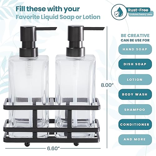 Miniatura 2 de Juego de dispensador cuadrado de loción transparente y bomba de jabón con soporte de metal para baño, baño, cocina, hogar, oficina, viajes, hotel,