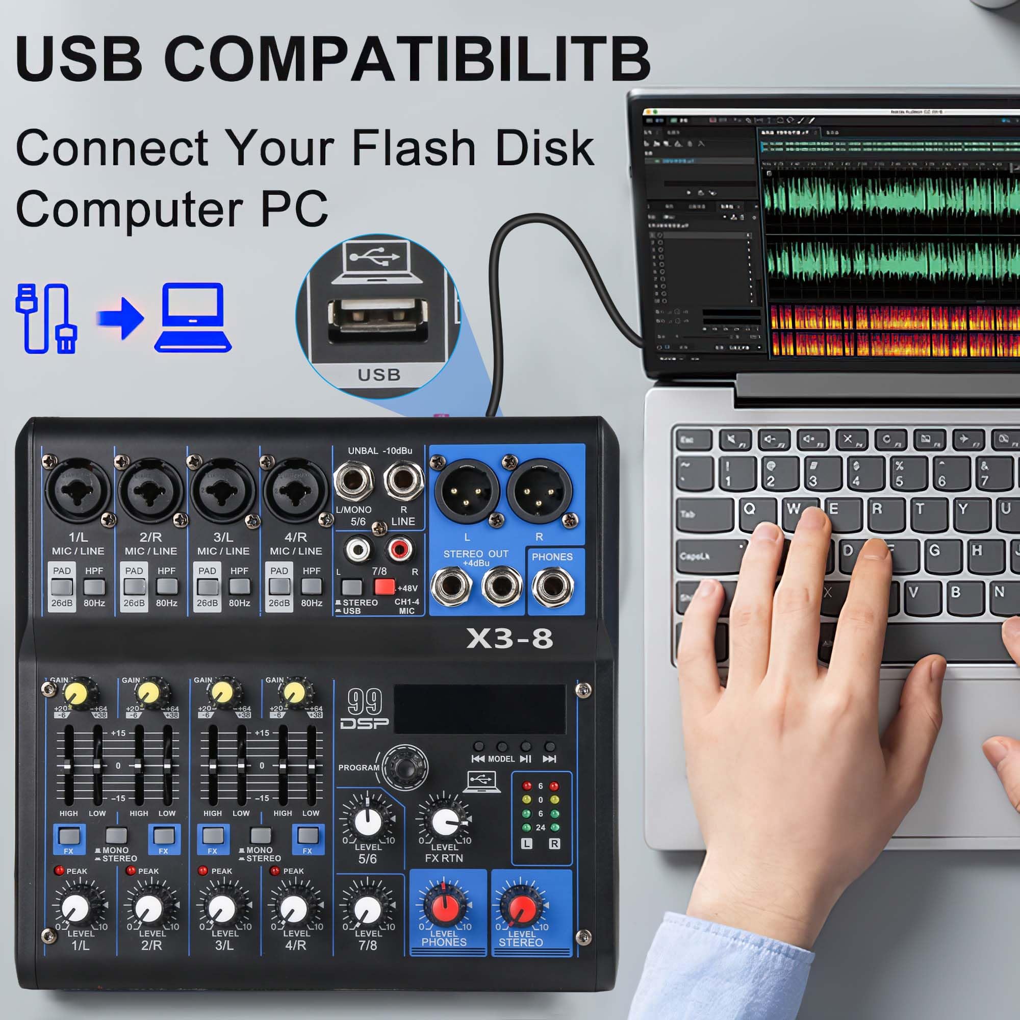 Mixer Audio Professionale Soundboard Interfaccia Sistema Audio 8 Canali USB Bluetooth MP3 Ingresso 48 V Alimentazione Phantom Stereo DJ Studio Streaming FX 99 Bit DSP