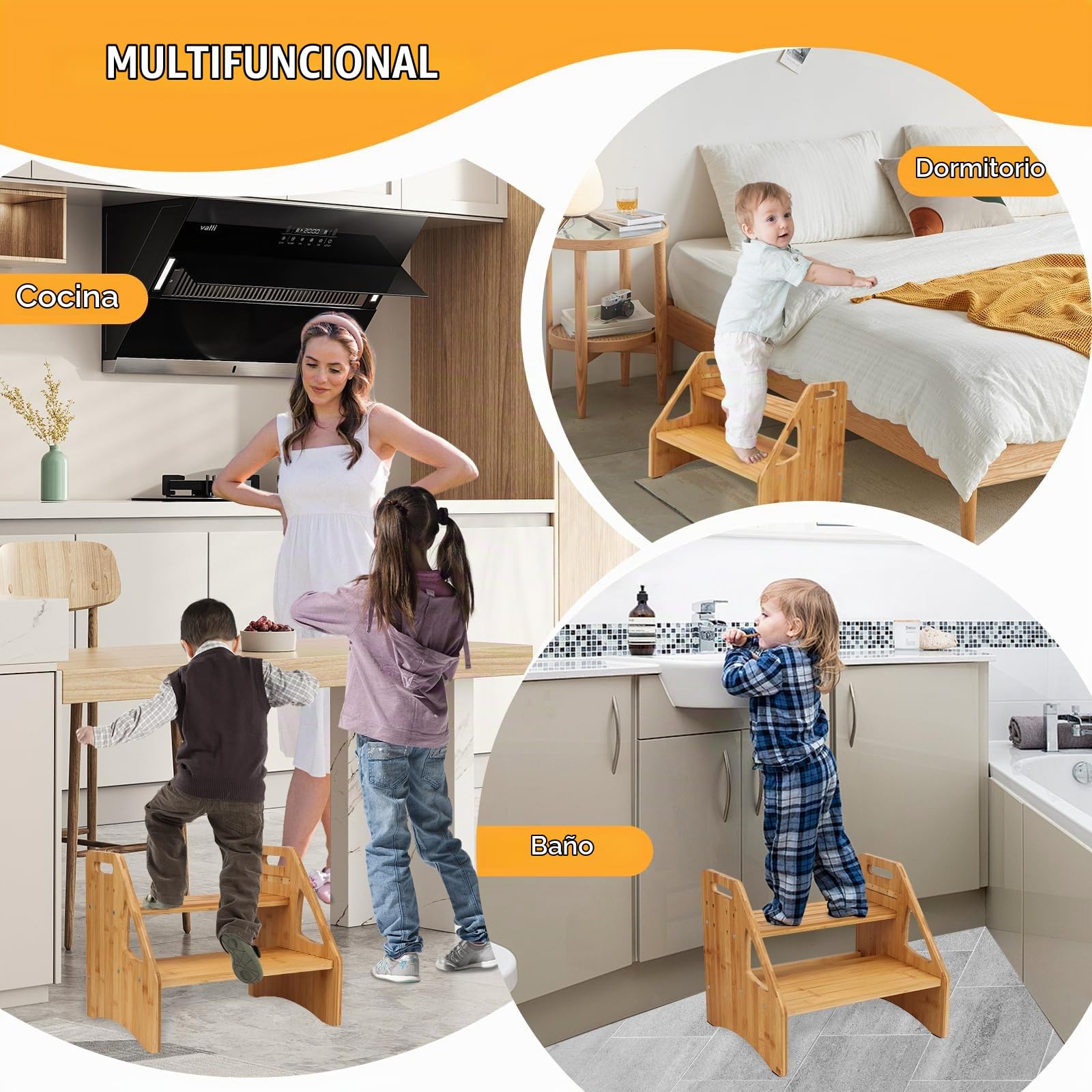 Tefola Escalera 2 Peldaños, Baño Escalon, Altura del Suelo Ajustable Escalon Peldaño, Soporta 300 Libras Escalera Madera, Taburete Escalera con asa Portátil